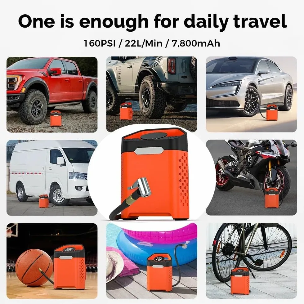 Inflador Ruedas Coche Compresor portátil para Coche, Inflador de neumáticos de Coche de 160 PSI, 7800mAh, para Coches, Motocicletas, Bicicletas, Bolas Compresores de Aire portátiles(Orange)