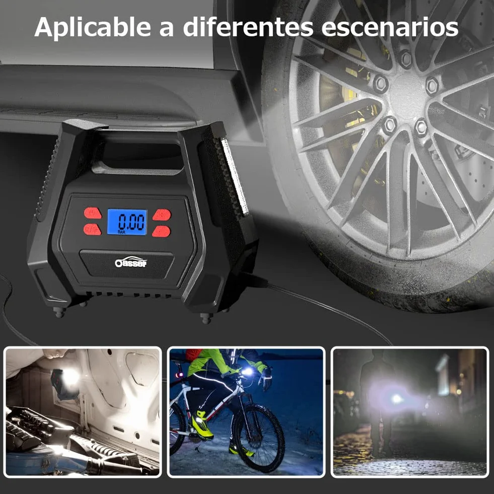 Oasser Inflador Ruedas Coche DC 12V y AC 220V Compresor Aire portatil con Pantalla LCD Luz LED Cable de 3M 150PSI para Coches, Motos y Bicicletas