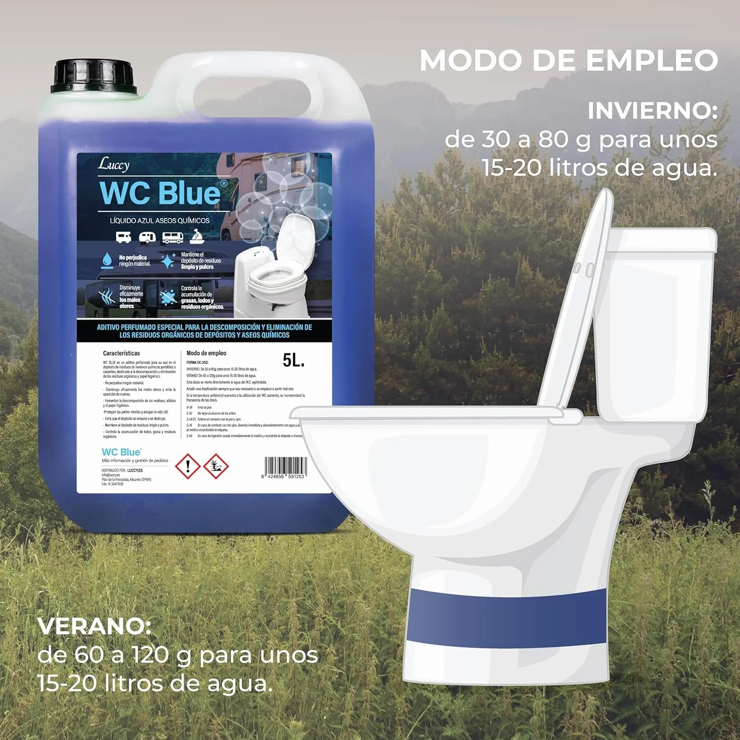 WC Blue 5 L. aditivo para aguas negras, depósito de residuos, Sanitary Fluid para caravanas