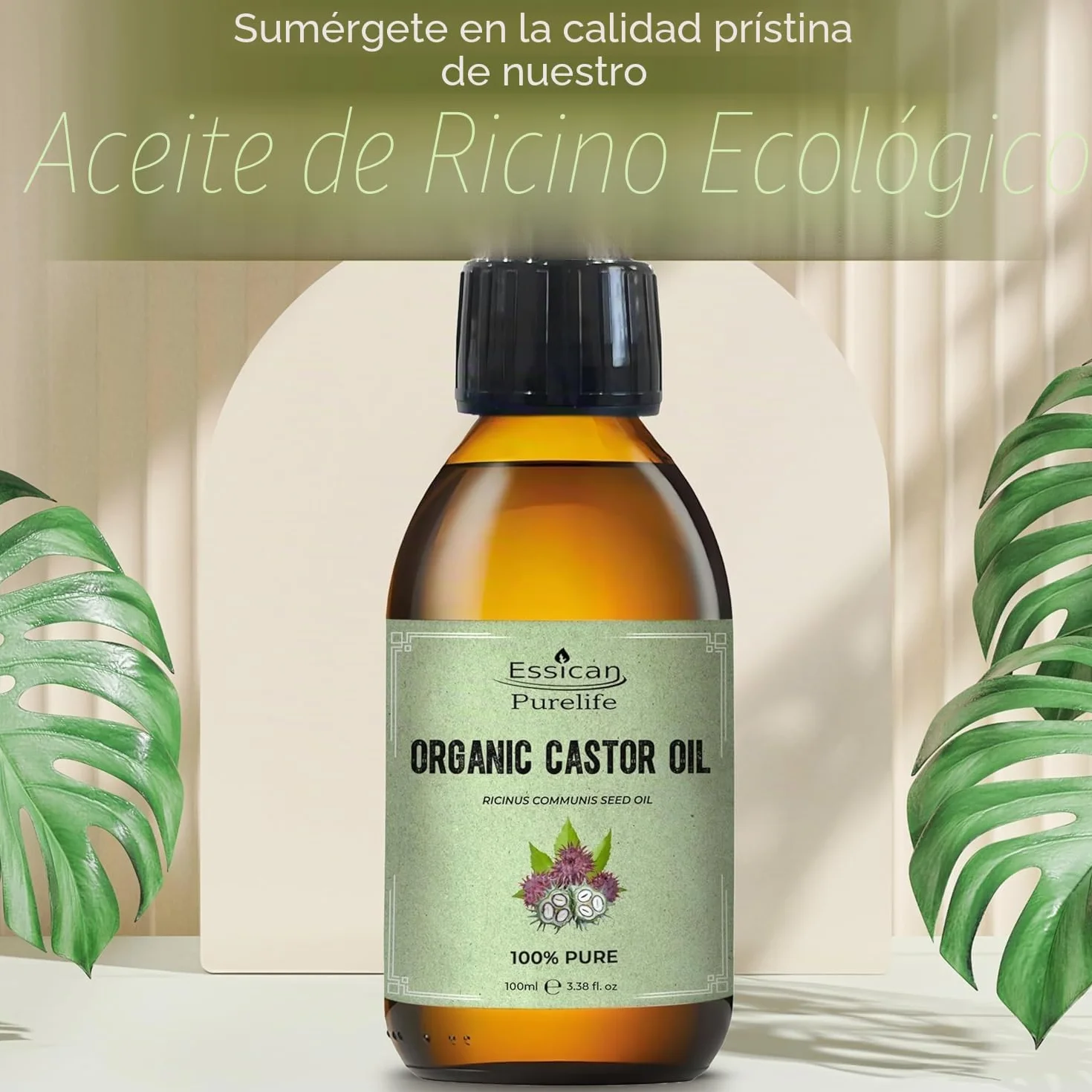 Aceite de Ricino Orgánico Sin Hexano 100ml Botella de Vidrio para Piel y Cabello