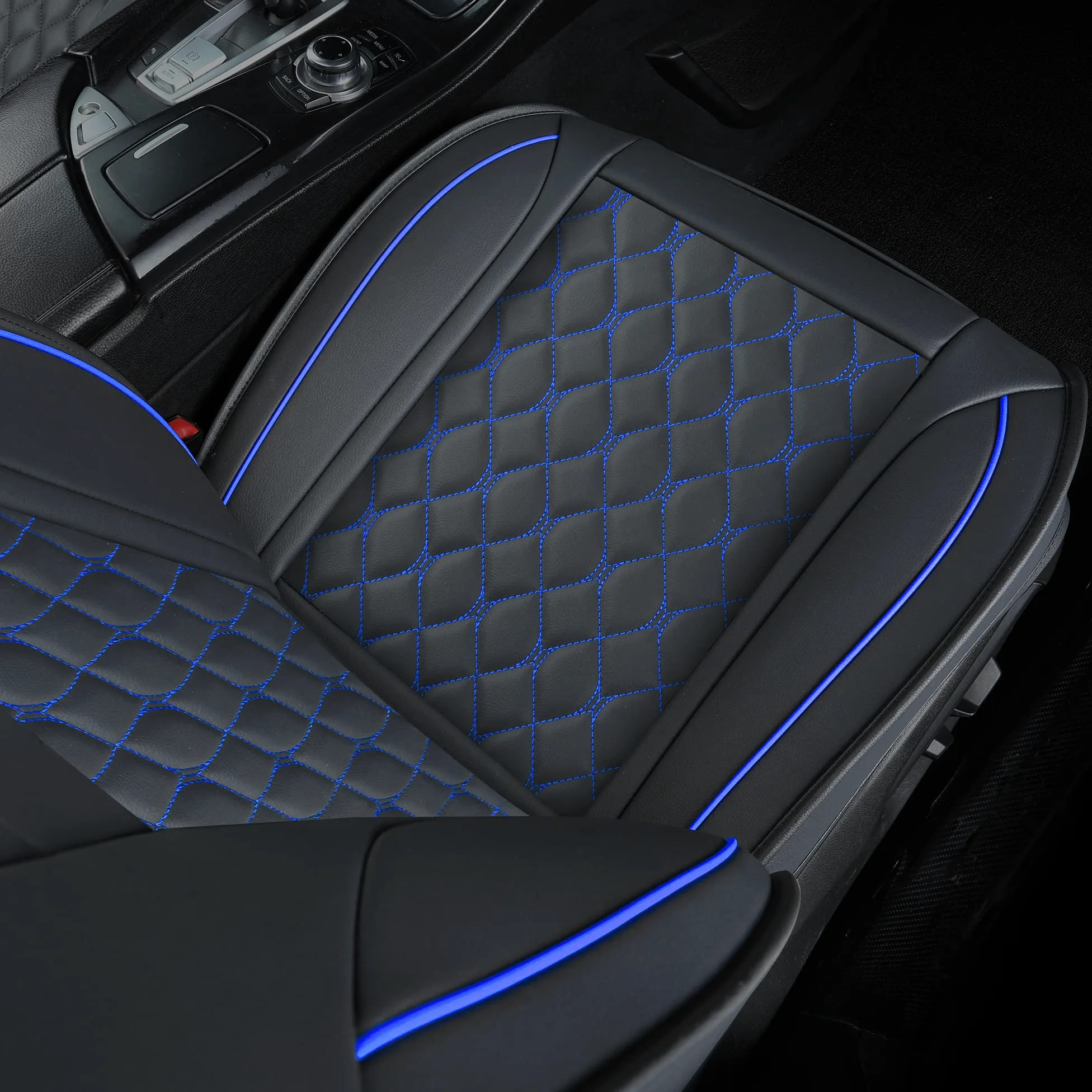 Juego Completo de Fundas de Asiento de Coche, Ajuste Universal para la mayoría de Coches, SUV, Fundas de cojín de Piel sintética para vehículos automotores (Juego Completo, Negro/Azul)