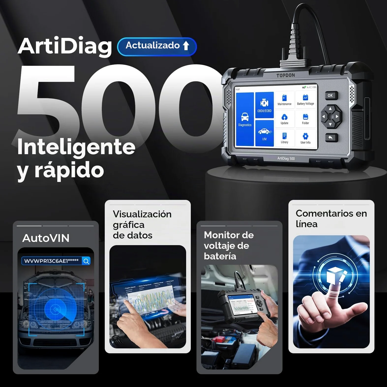 TOPDON AD500 OBD2 diagnosis coche multimarca con 4 Sistemas y 6 Funciones de Reinicio, Sistema de Motor ABS SRS Transmisión, reinicio para aceite/SAS/TPMS/ETS/BMS/freno, Actualización gratuita de WiFi