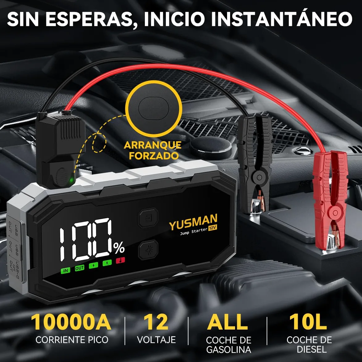 YUSMAN Arrancador de Coche, 10000A Arrancador de Baterias de Coche,12V Arrancador de Portátil con para All Gasolina o 10L Diesel, Linterna LED de Emergencia,Carga Rápida, Pantalla LCD Extragrande