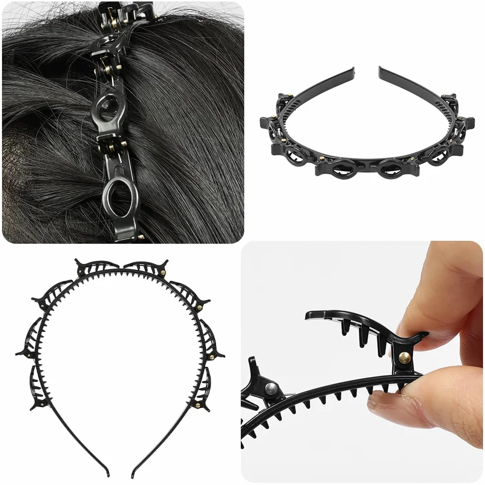 Diadema con Pinzas 2 Piezas para Mujer, Clips de Plástico, Banda para el Cabello con Horquillas, Doble Trenza, Doble Flequillo (Negro+Rojo)