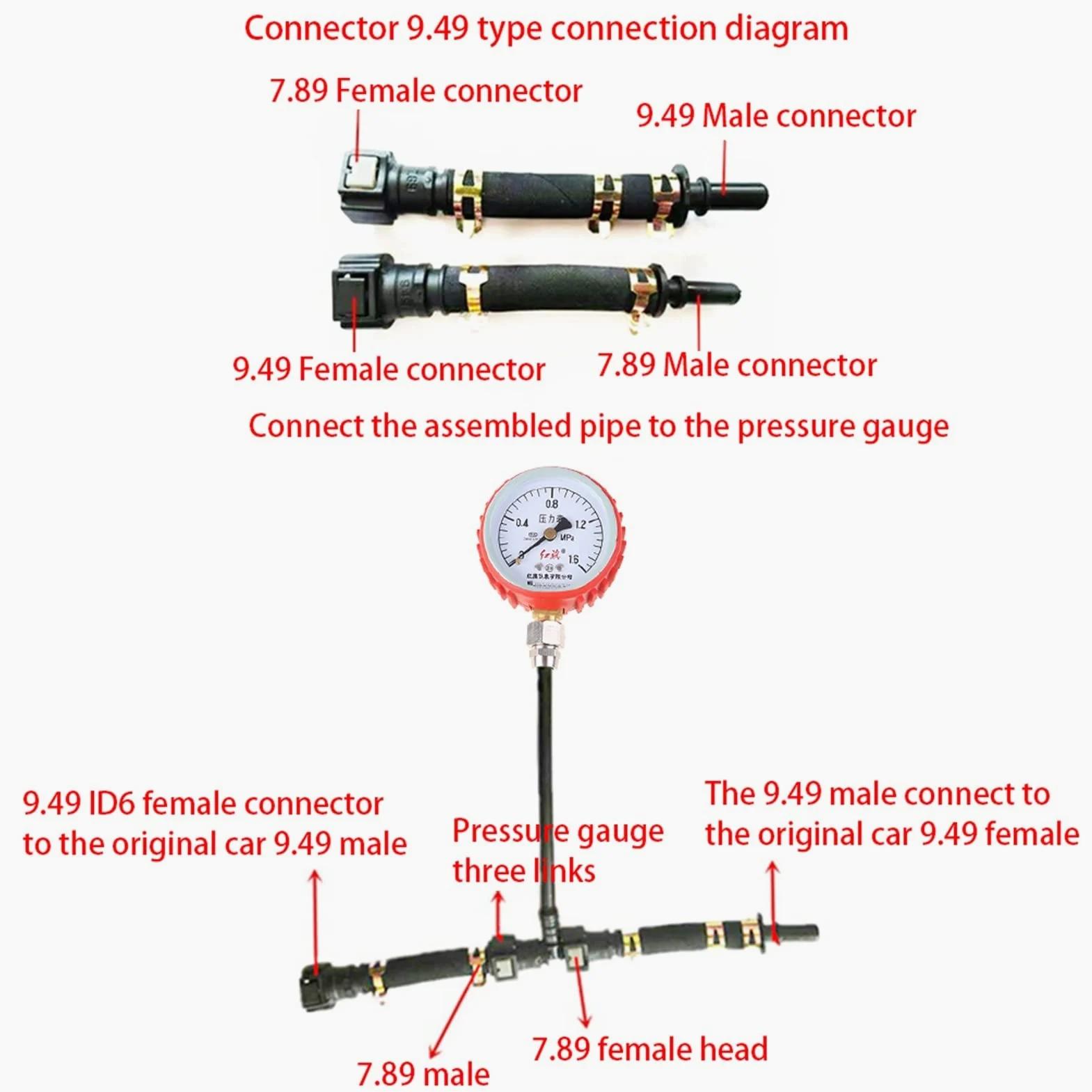Medidor de presión de Combustible para Motocicleta y Coche de 0-1MPA, medidor de presión de Gasolina para Coche, Herramienta de Prueba con Conector de 7,89 y 9,49mm