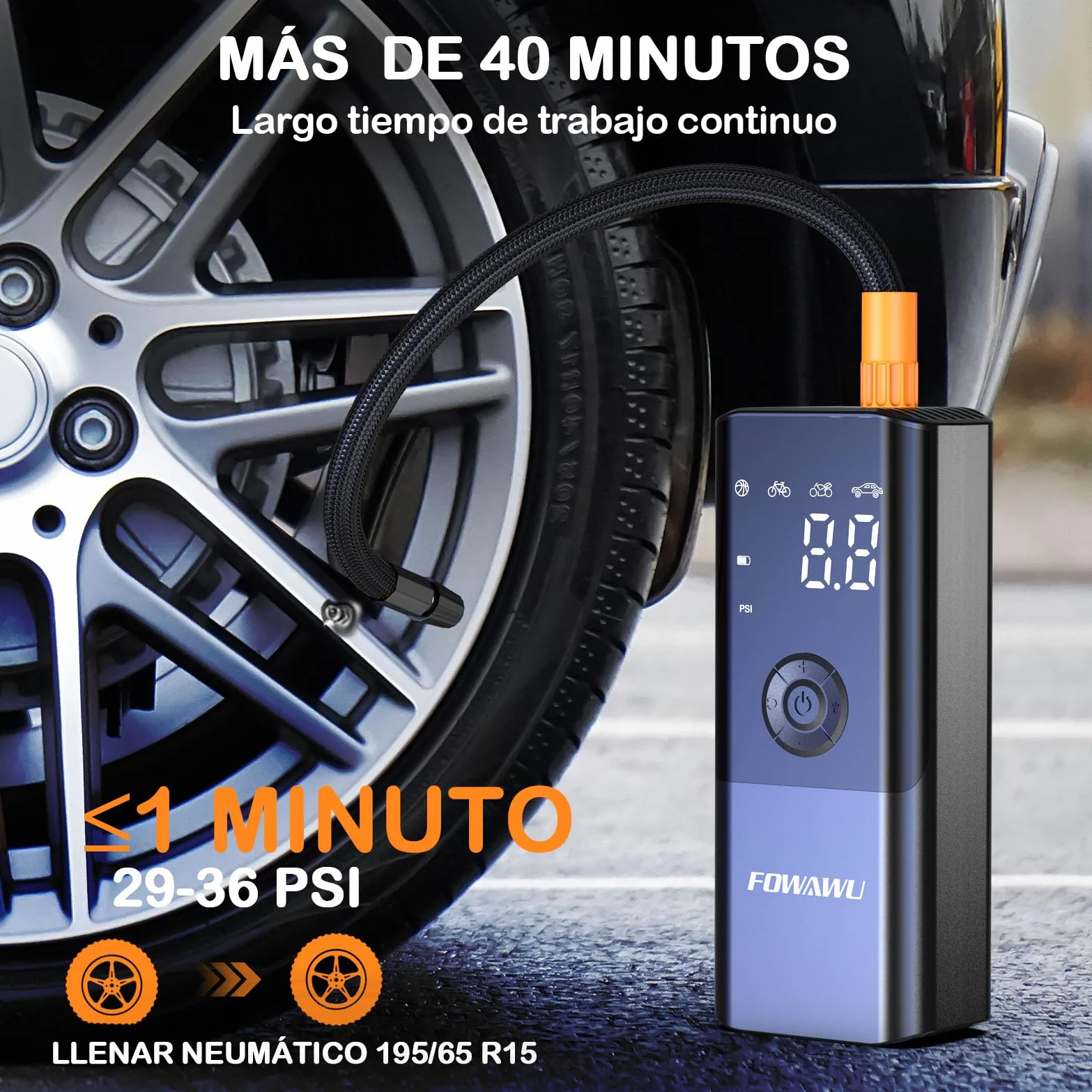 FOWAWU 6000mAh Compresor Aire Portatil, 150PSI 12V DC Bomba de Aire Bicicleta Electrica con gran pantalla doble LCD y Linterna LED, Inflador Ruedas Coche para Moto, Bicicletas, Pelotas