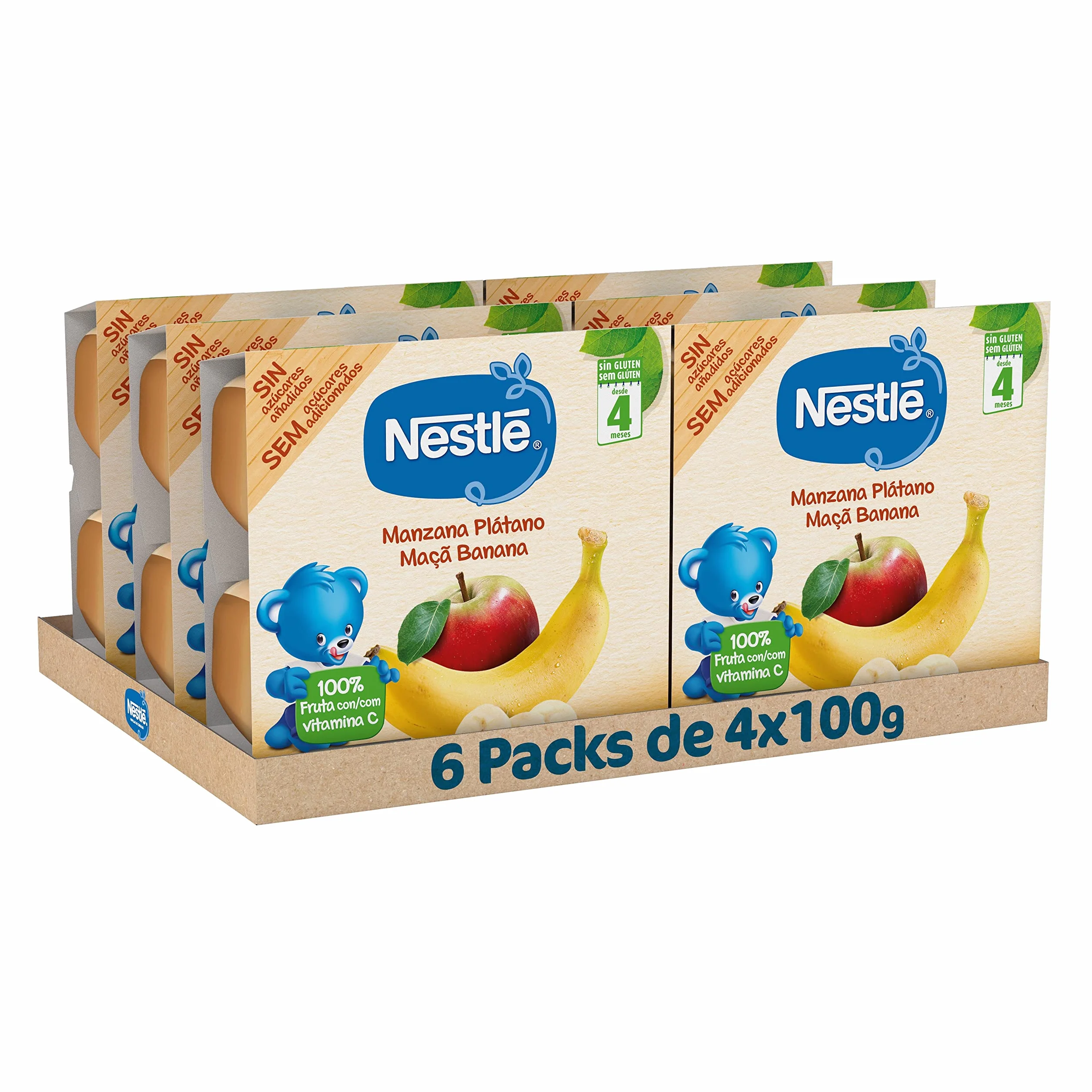 NESTLE Puré Manzana Plátano, desde 4 meses, Pack de 6 (4x100g)