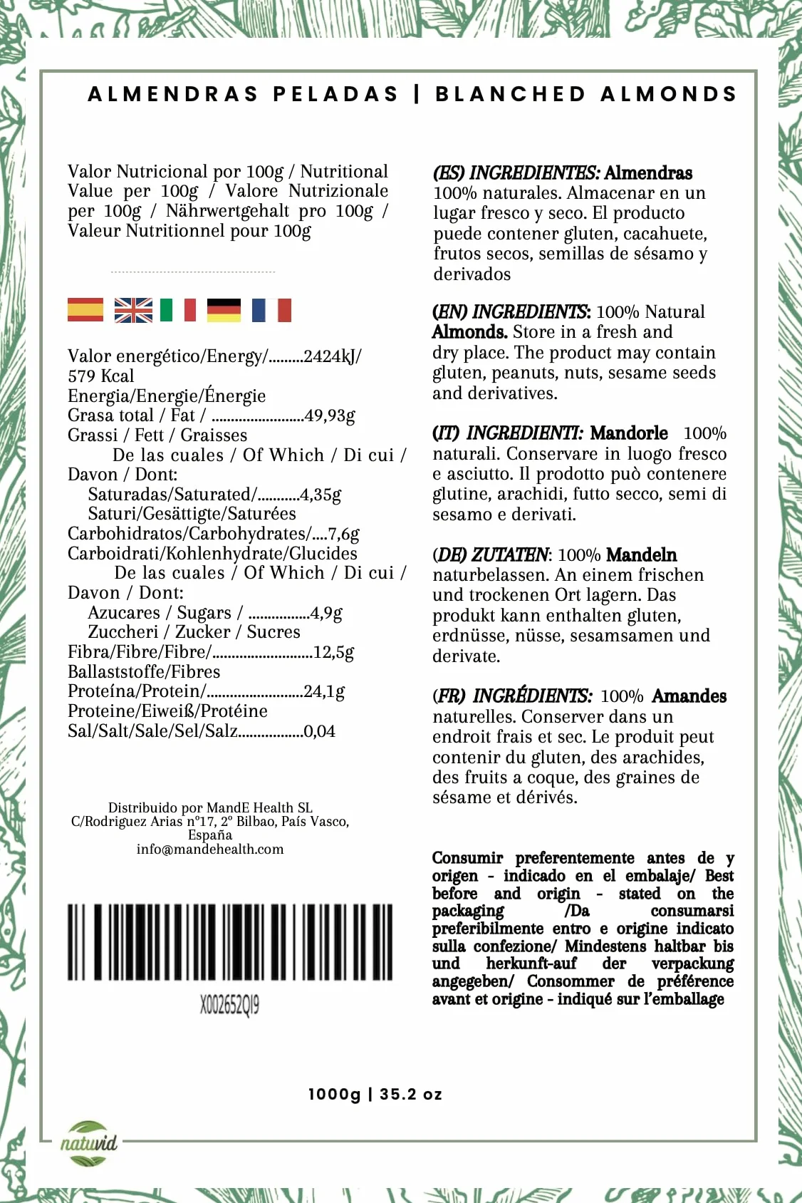Almendra cruda sin piel Española NATUVID 1Kg Vegana