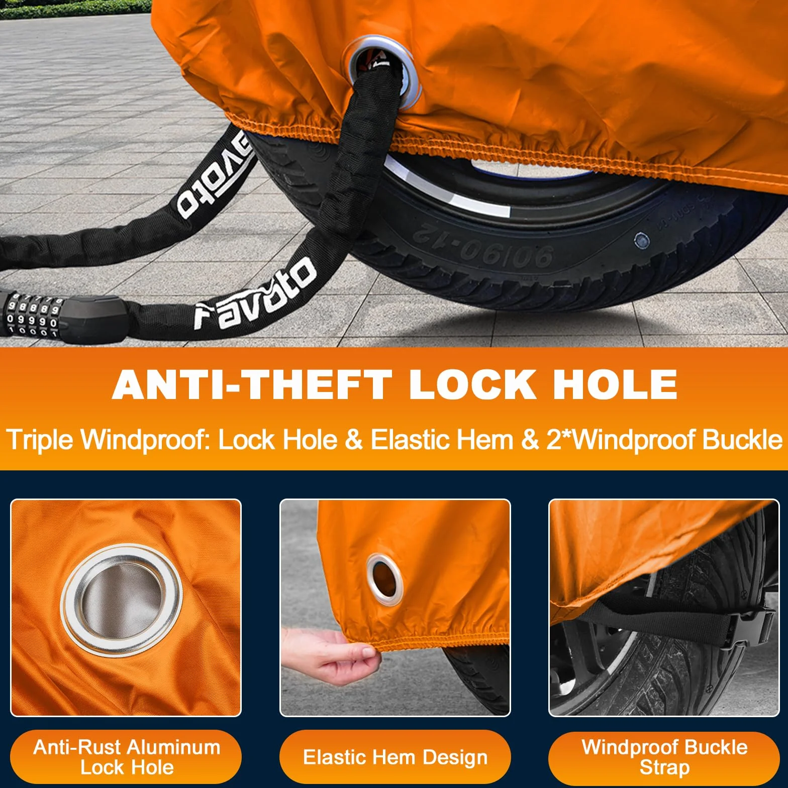 Favoto Funda para Moto y Scooter - Cubierta Impermeable y Anti-UV con Orificio para Candado, Lona de Protección Exterior e Interior, Negro y Naranja, 245x105x125cm