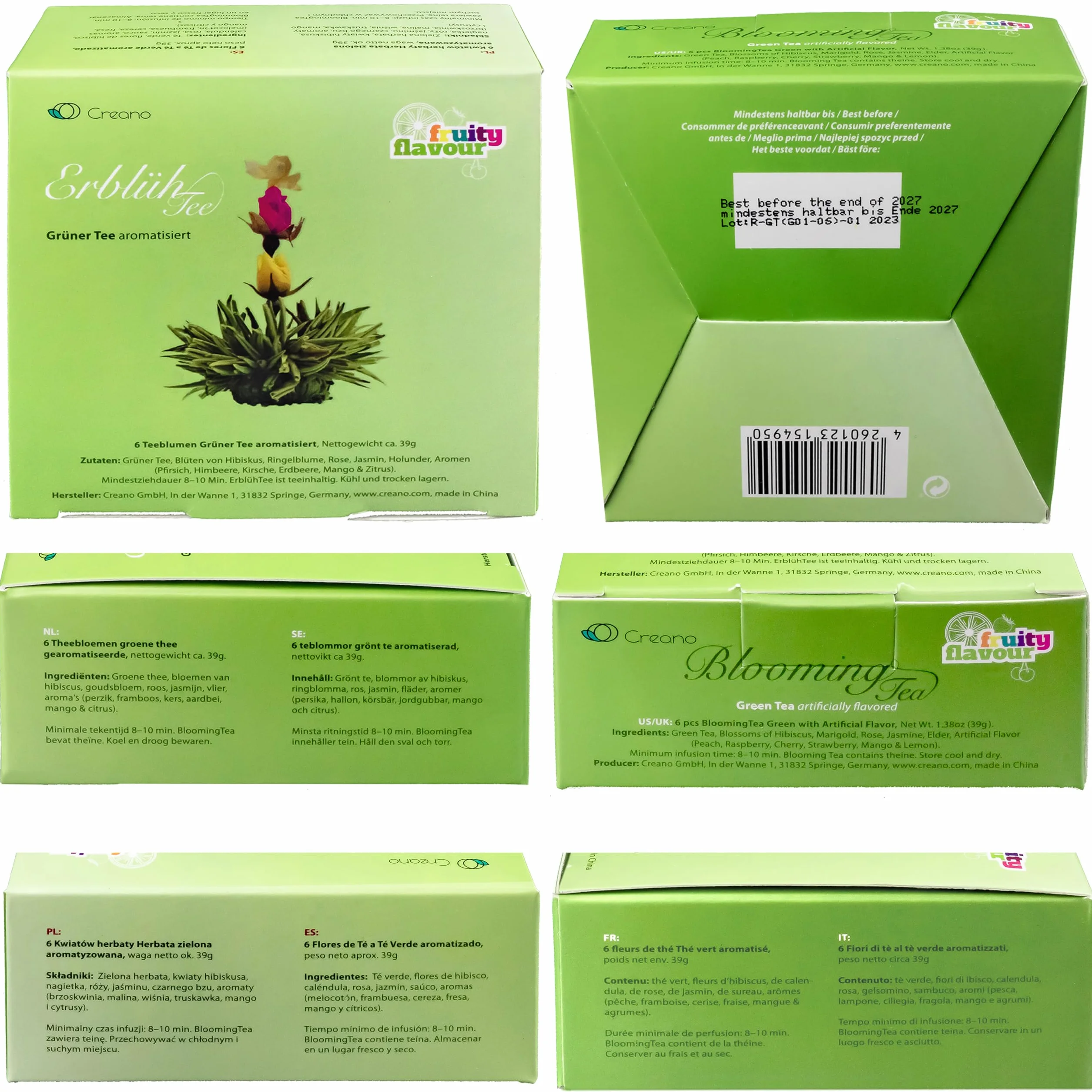 Creano Flores de Té Verde Cofre de Degustación 6 uds – Mezcla de Té Verde Frutal Aromatizado