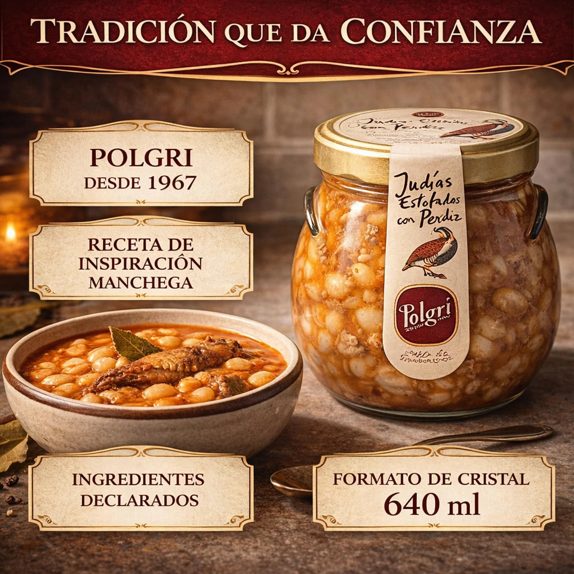 POLGRI Judias Estofadas con Perdiz Gourmet AOVE 640 ml Tarro de Cristal Comida Preparada