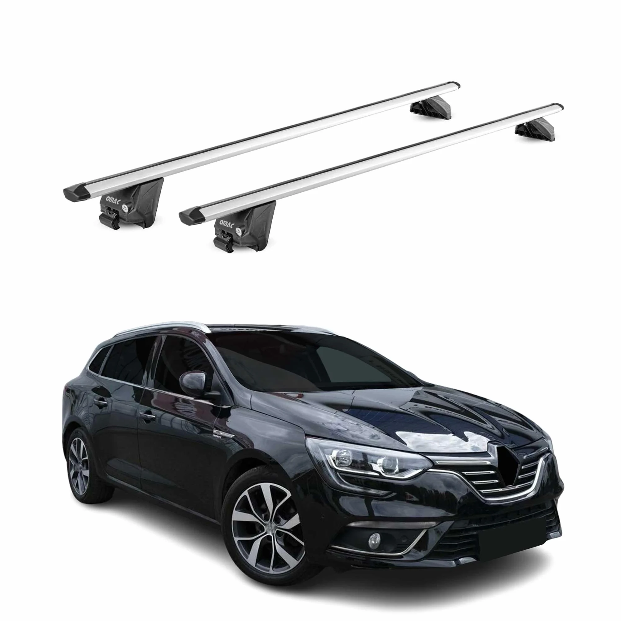 OMAC Barras de Techo Aluminio TÜV geprüft para Renault Megane IV Grandtour 2016-2022 – para Barras Integradas – T Nut – MAX 100 kg – 2 Schlösser Plata