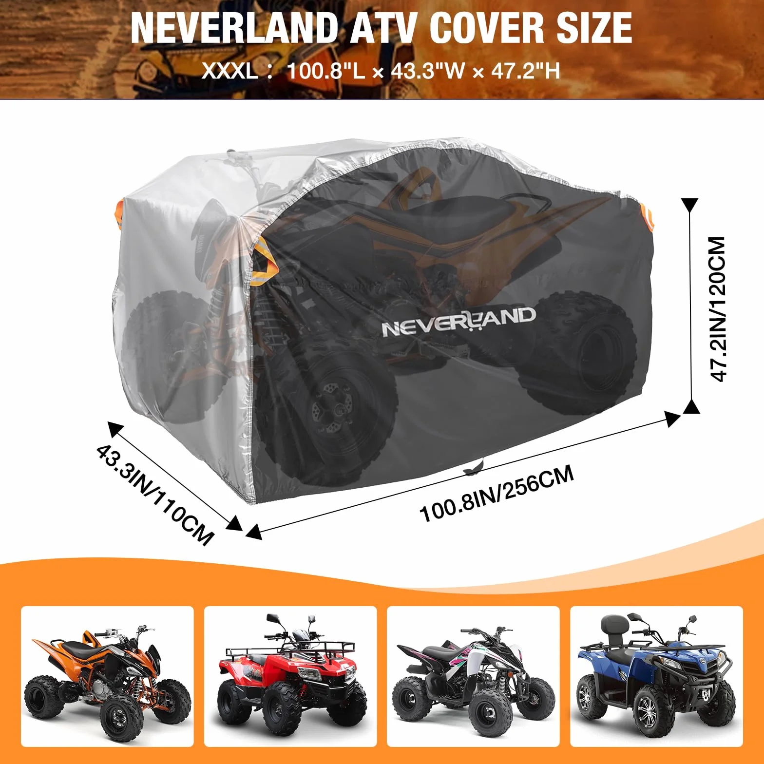 NEVERLAND Impermeable Funda para Quad ATV - Cubierta Exterior con Tafetán de Poliéster 190T - ATV Cubre Quad Protección contra Lluvia, Nieve, Polvo, Granizo y Sol (256x110x120cm)