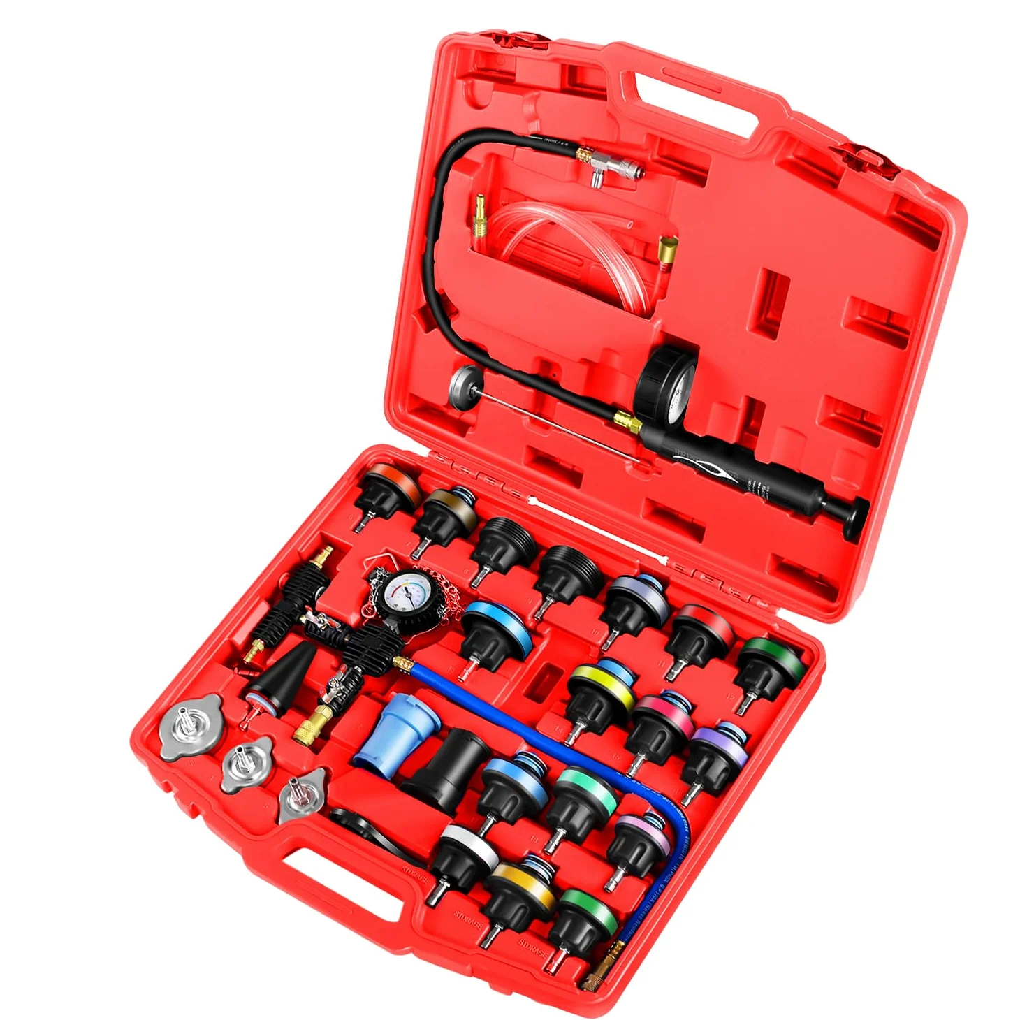 JIFETOR Radiator Coolant Pressure Tester Vacuum Refill Tool Kit, 28PCS Automotive Cooling System Leak Test and Pneumatic Purge Fill Set with Testing Adapter Caps Universal for Airlift Car Auto Truck