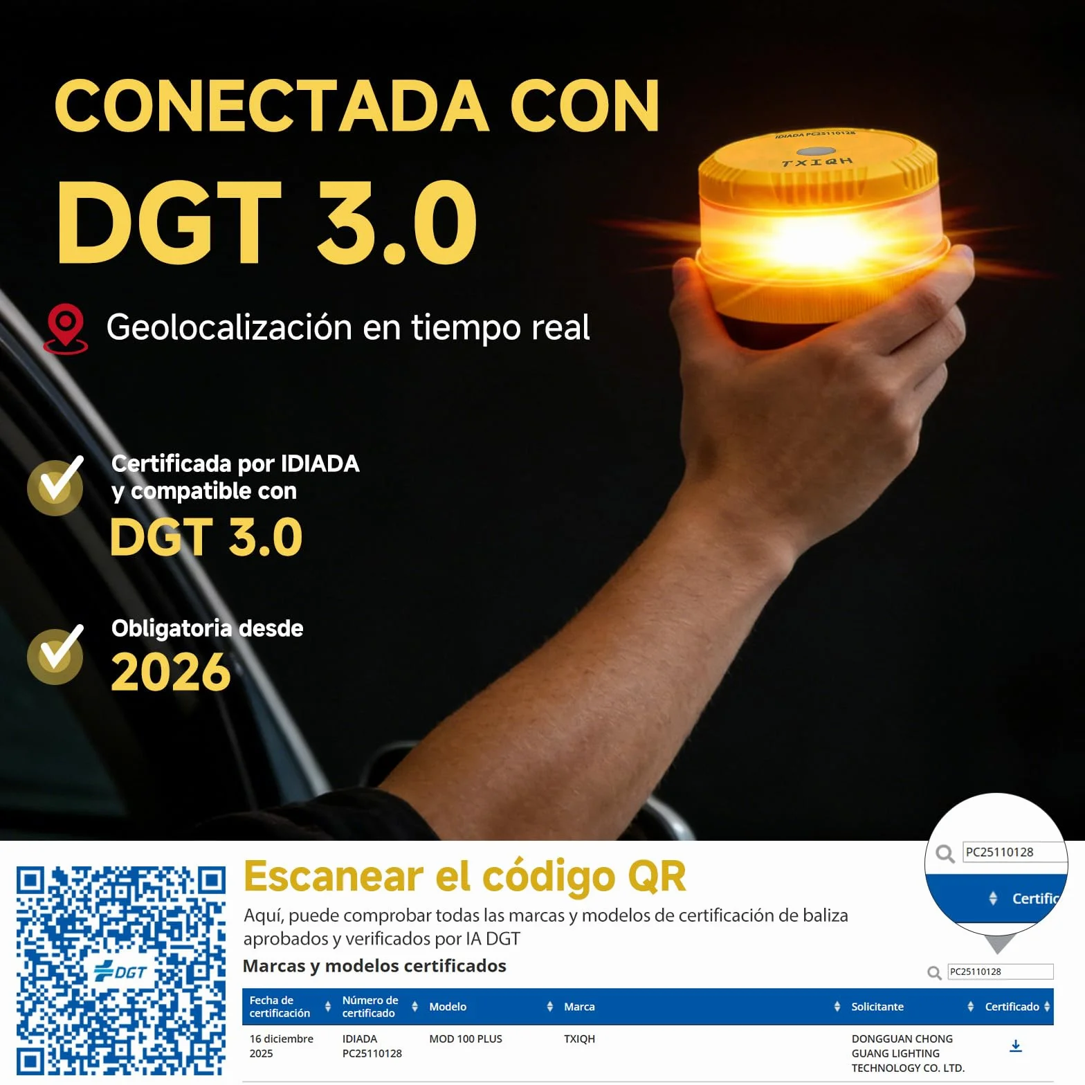 Baliza V16 Homologada DGT con Geolocalización y Conexión DGT 3.0, MOD100 PLUS LED 360°, IP54