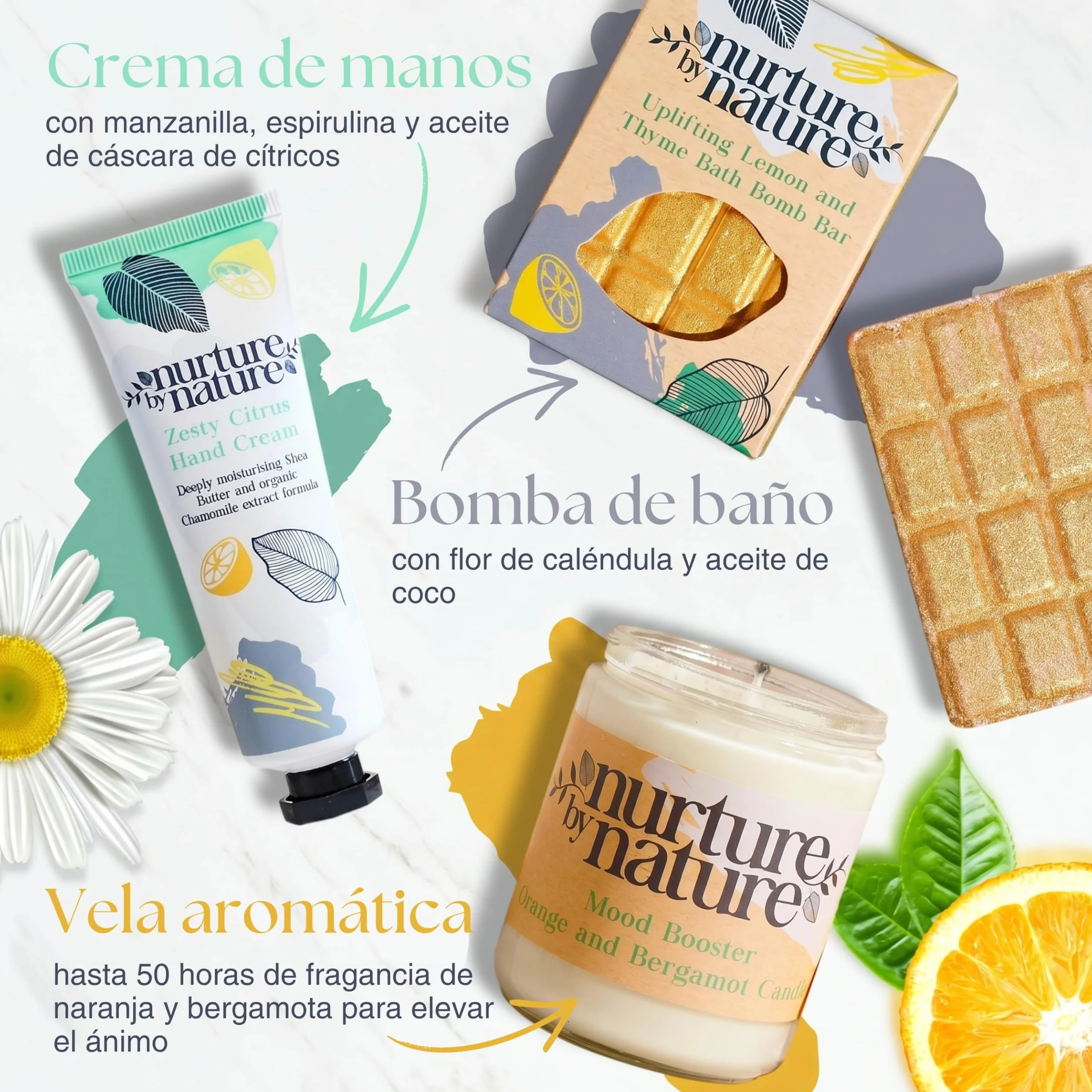 Nurture By Nature Set de Regalo para Mujer, Aceite Esencial, Sales de Baño, Jabón, Bombas de Baño, Vela