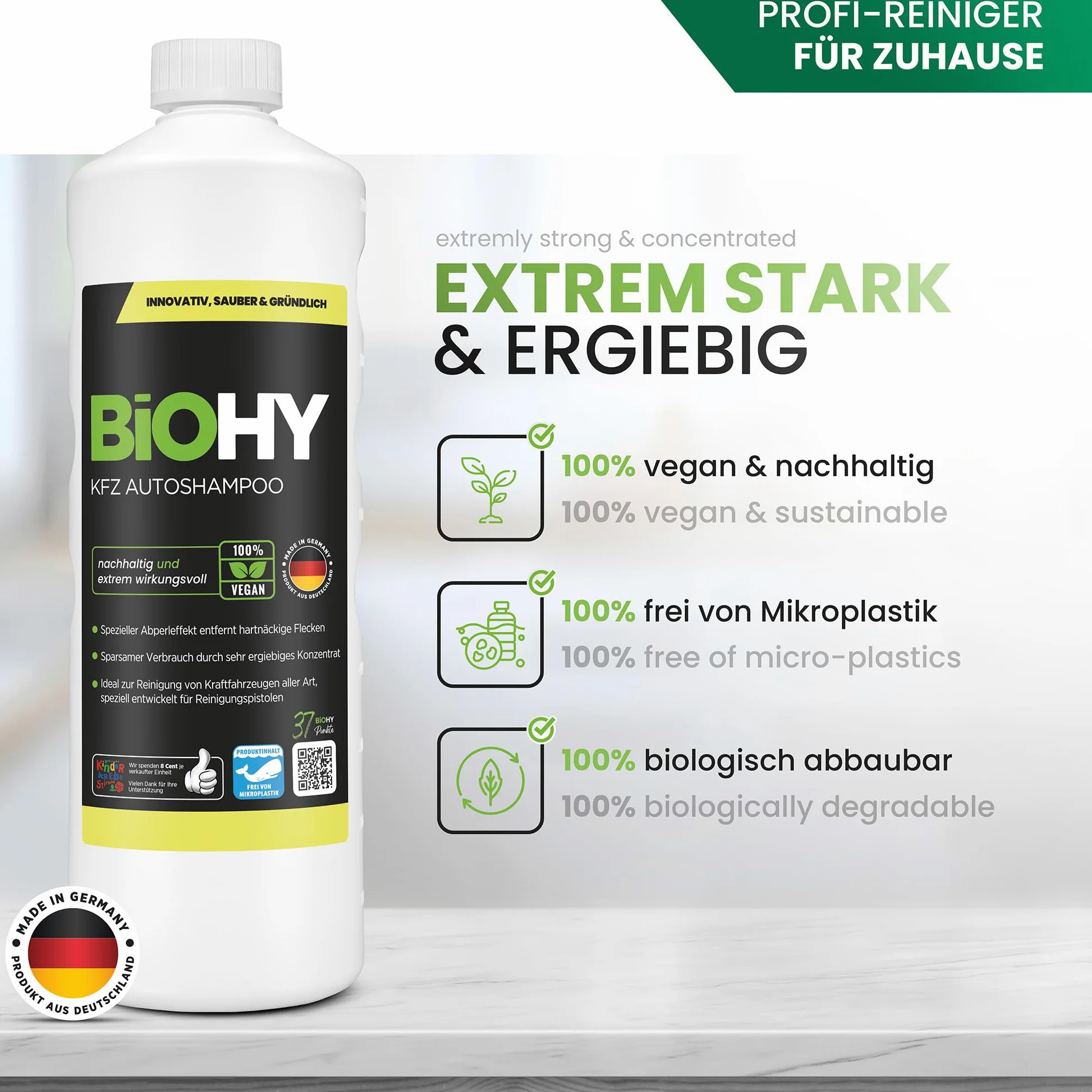 BiOHY Champú para coches (12 botellas de 1 litro) + Dosificador | excelente poder de limpieza y formación de espuma | Produce una fragancia fresca y duradera (KFZ Autoshampoo)
