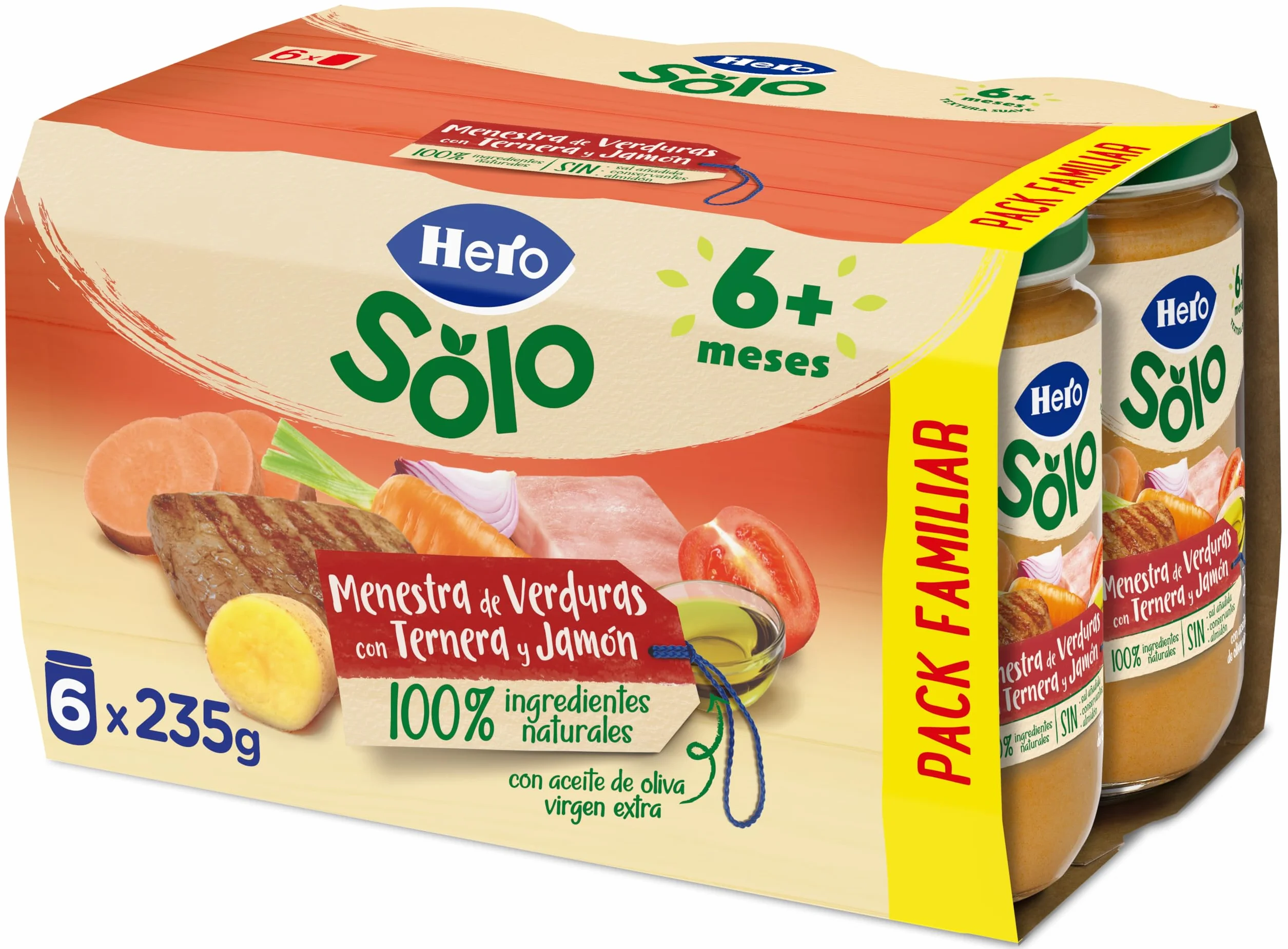 Hero Solo Tarritos Menestra Verduras Ternera Jamón Sin Sal Añadida 6 x 235 g Bebés 6 Meses
