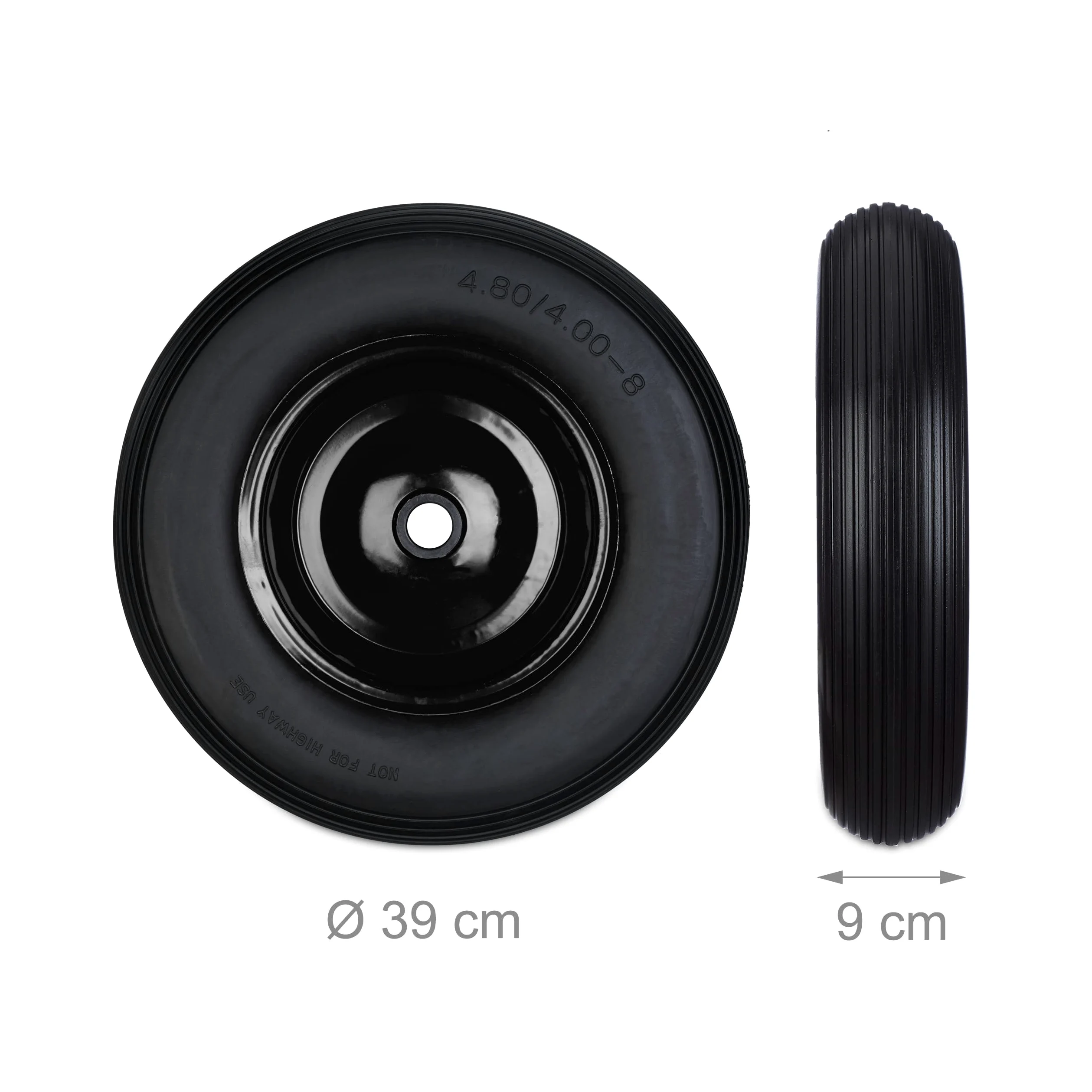 4X Ruedas de Carretilla 4.80 4.00-8, Goma Maciza & Llanta de Acero, Tres adaptadores, 100 kg, Negro