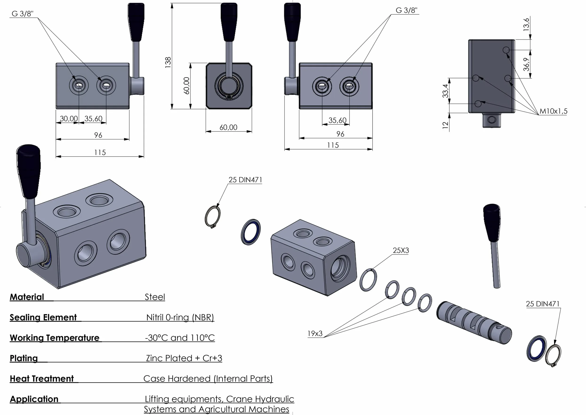 Hidráulico de la Válvula del Desviador de 6 Vías - Cuerpo de Acero - 3/8" BSP