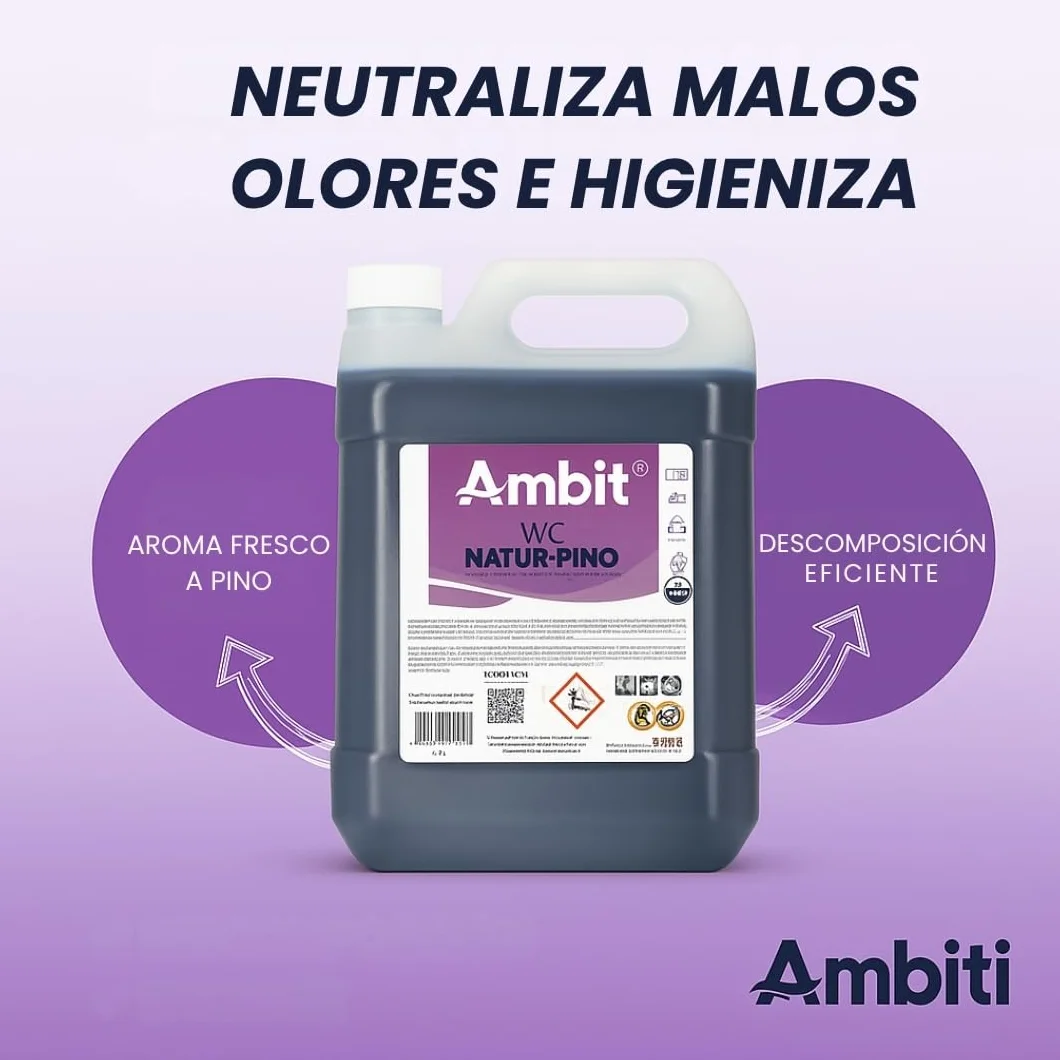 Ambiti | Natur Pino 5L | Aditivo para Depósito de Residuos Aguas Negras | Inodoros Portátiles de Autocaravanas, Caravanas y Barcos | Elimina Olores,residuos y Desinfecta | Fragancia a Pino