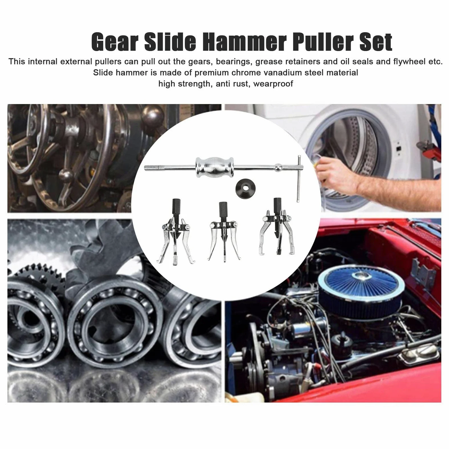 Akozon Gear Slide Hammer Puller Set, 5pcs 3 Jaw Universal Slide Hammer Puller Set Extractores Externos Internos para Sacar Engranajes Cojinetes