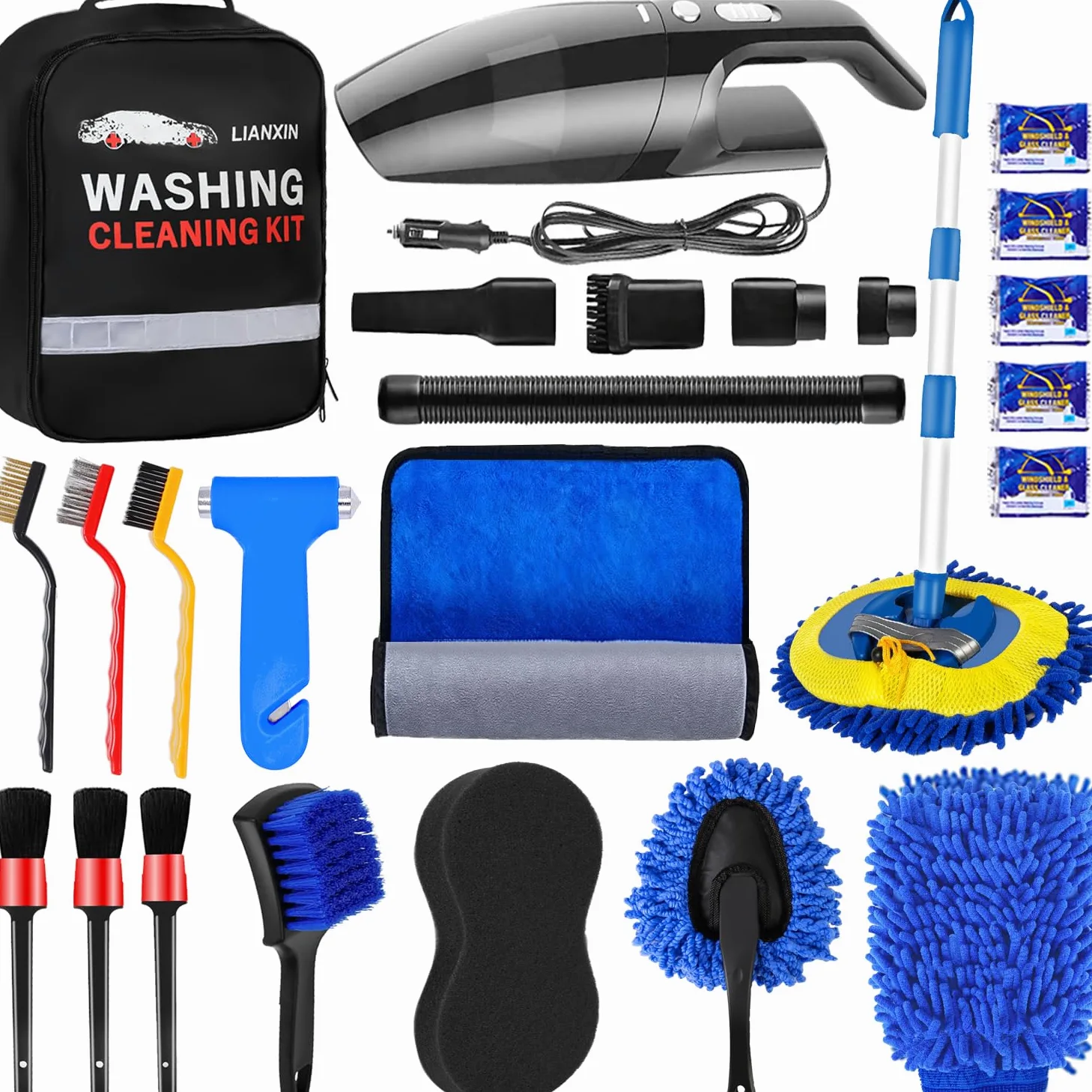 LIANXIN Kit de limpieza de coche y aspiradora de coche – Herramientas de limpieza de coche con toallas de paño de microfibra suave, guante de lavado de coche, cepillo de neumáticos, hoja de agua de