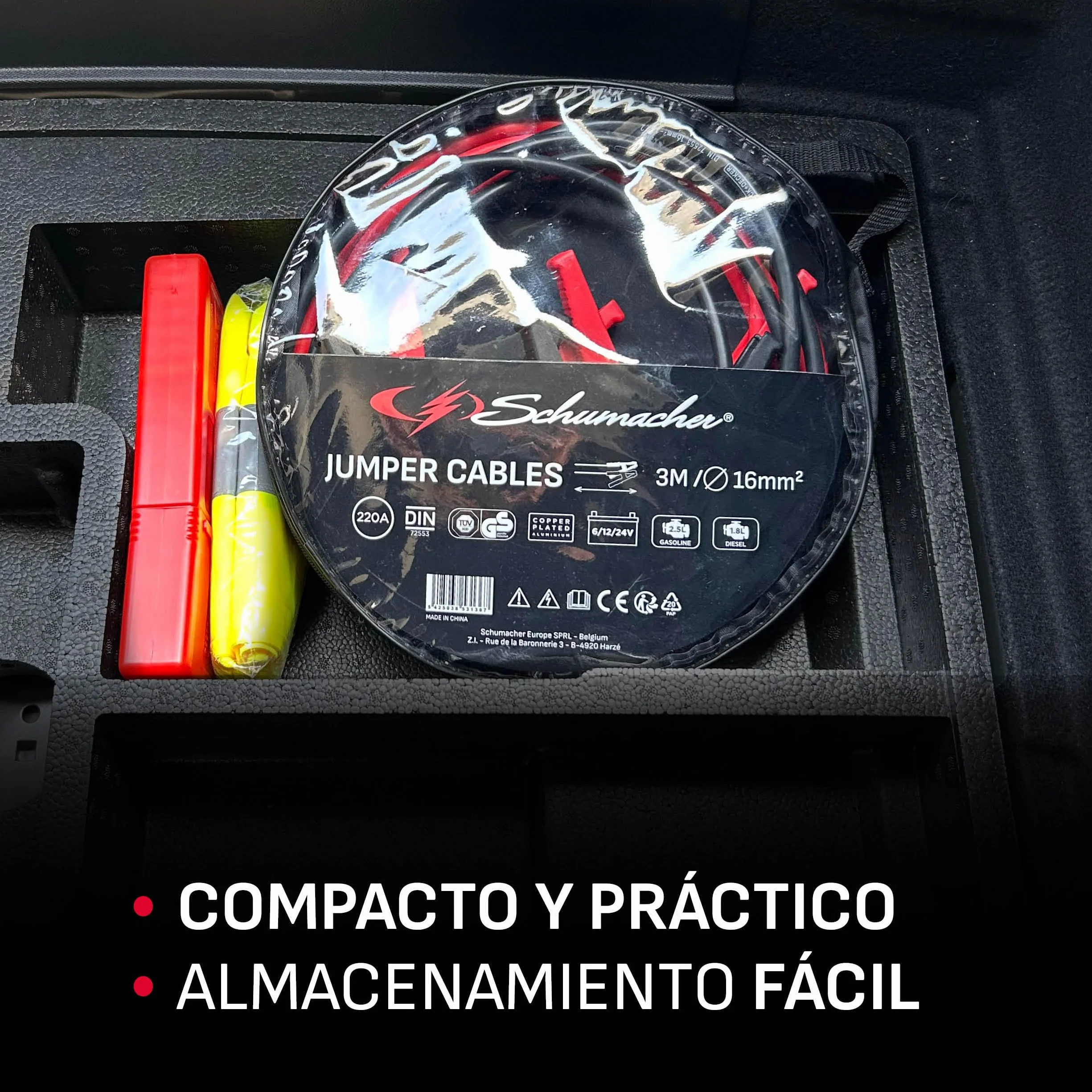 Schumacher Electric - Cables de Arranque 3m 16mm² - Baterías 6V/12V/24V - Para Coche, Furgoneta, Caravana - Pinzas Seguras Aisladas - Certificado GS/TÜV