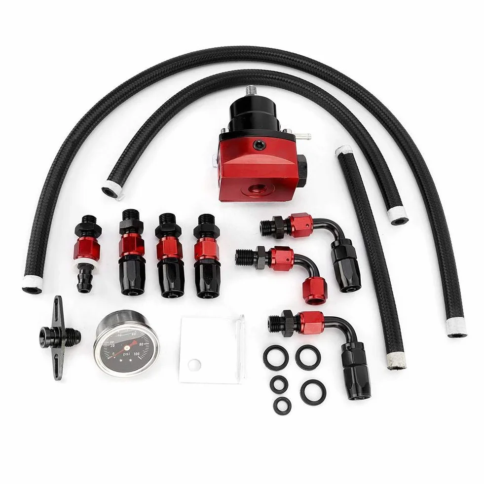 Regulador Presion Gasolina, Regulador de combustible Qiilu, kit regulador de presión de combustible de coche ajustable universal de acero inoxidable 304 con manómetro 100PSI(Negro + rojo)