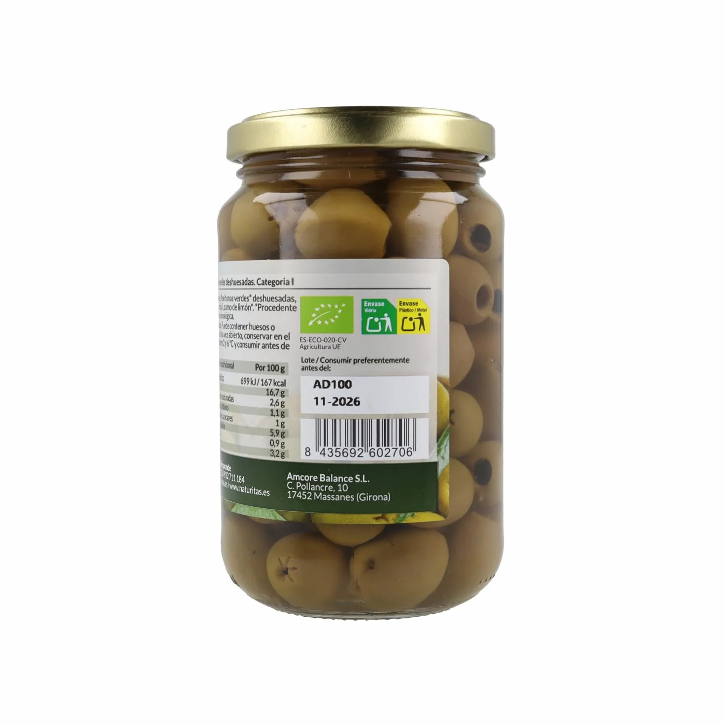 Aceitunas Verdes Deshuesadas Naturitas Essentials Manzanilla 335 g España