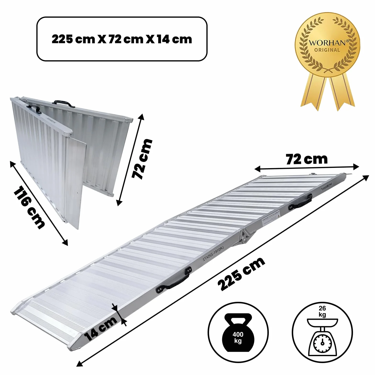 Rampa de Carga 400kg Moto Rigida Robusta Plegable Plataforma 225cm Silla de Ruedas Aluminio Superficie Ultra Antideslizante Transporte Eventos Estuche de Vuelo HR225