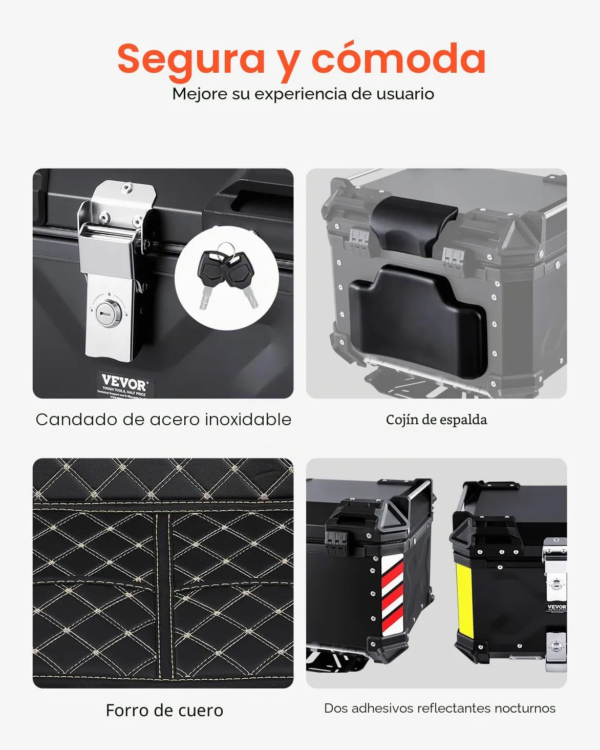 VEVOR Baúl para Motocicleta, Baúl Trasero Universal de Aleación de Aluminio con Forro de Cuero, 55 L, con Cerradura y Cojín Trasero, Apto para el 99% de los Cuadros de Motocicleta, 470 x 430 x 367 mm