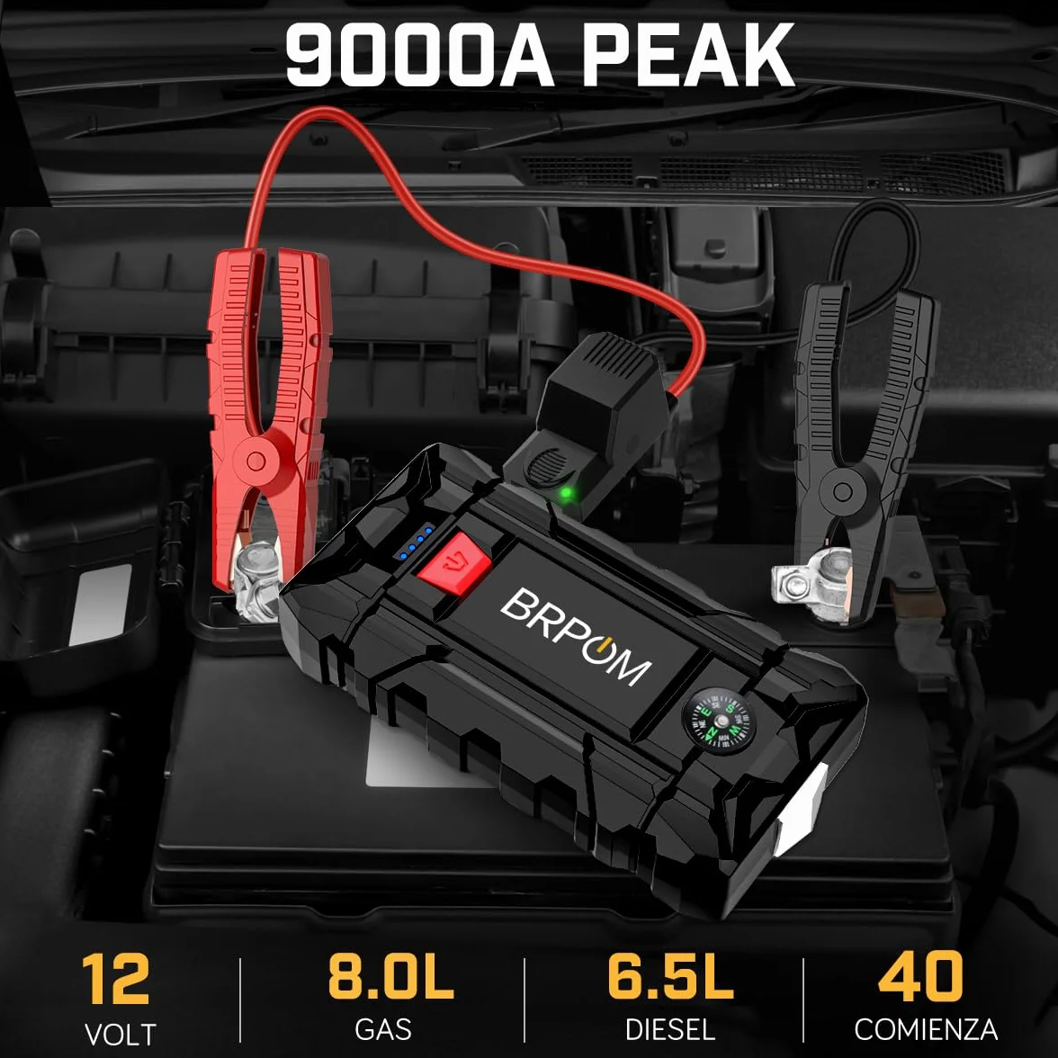 BRPOM Arrancador de Coches, 9000A 21800mAh Arrancador de Baterias de Coche 12V(para 8.0L de Gasolina o 6.5L de Diésel), Jump Starter Portátil, Carga Rápida QC3.0, Espera Larga