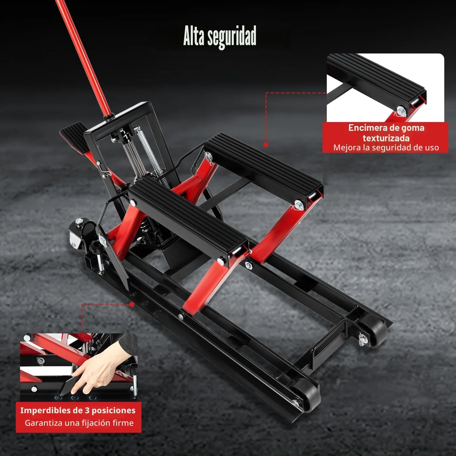 Plataforma elevadora hidráulica para motocicleta, capacidad de carga de 680 kg y ajuste de altura 115-365 mm, con pasadores de seguridad y ruedas, para reparación y mantenimiento de vehículos todo