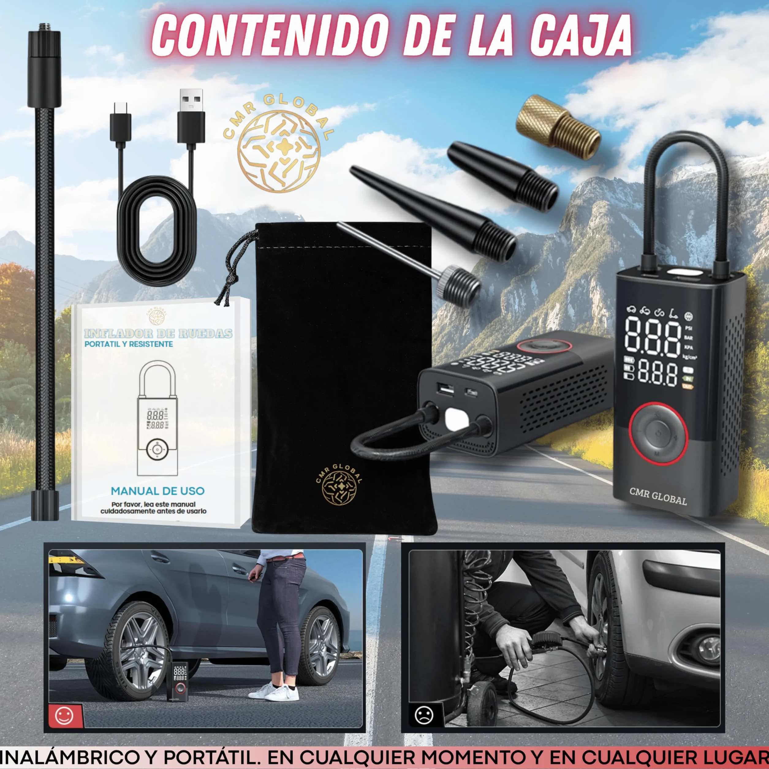 SUPER PRO Compresor Aire Portatil. Inflador Ruedas Coche. Inflador Eléctrico con Linterna 150 PSI para Coche Moto Bicicleta Pelota. Hinchador eléctrico Batería Recargable 4000 mAh. Viaje Emergencia