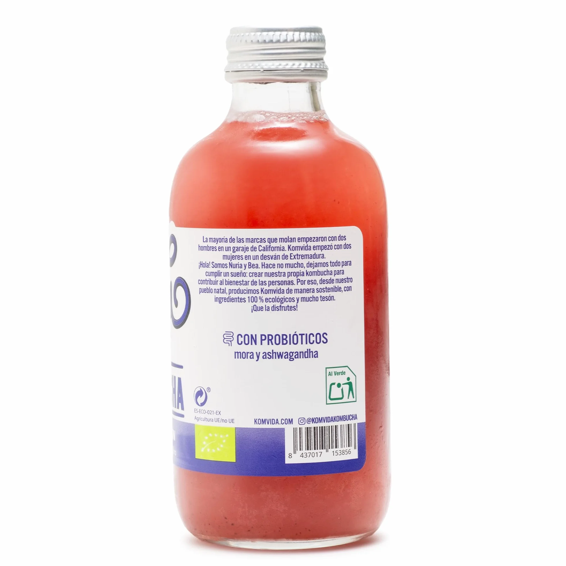 Kombucha Komvida Superflow Ecológica Té fermentado Ashwagandha Mora Probióticos Naturales Sin Azúcares 250ml