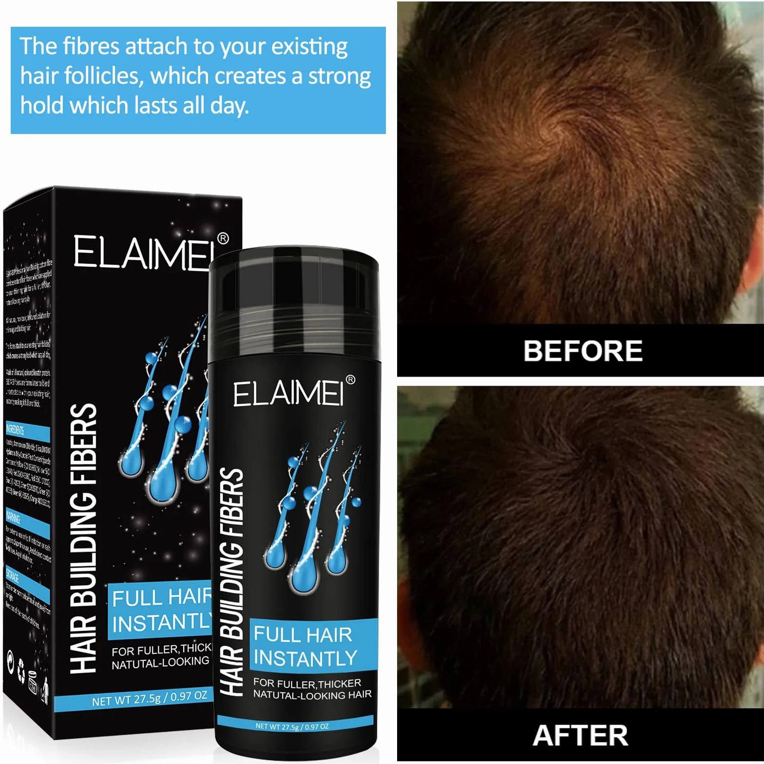 Fibras Capilares Negro 27.5g, Polvo de Fibra Cabello para Hombre y Mujer