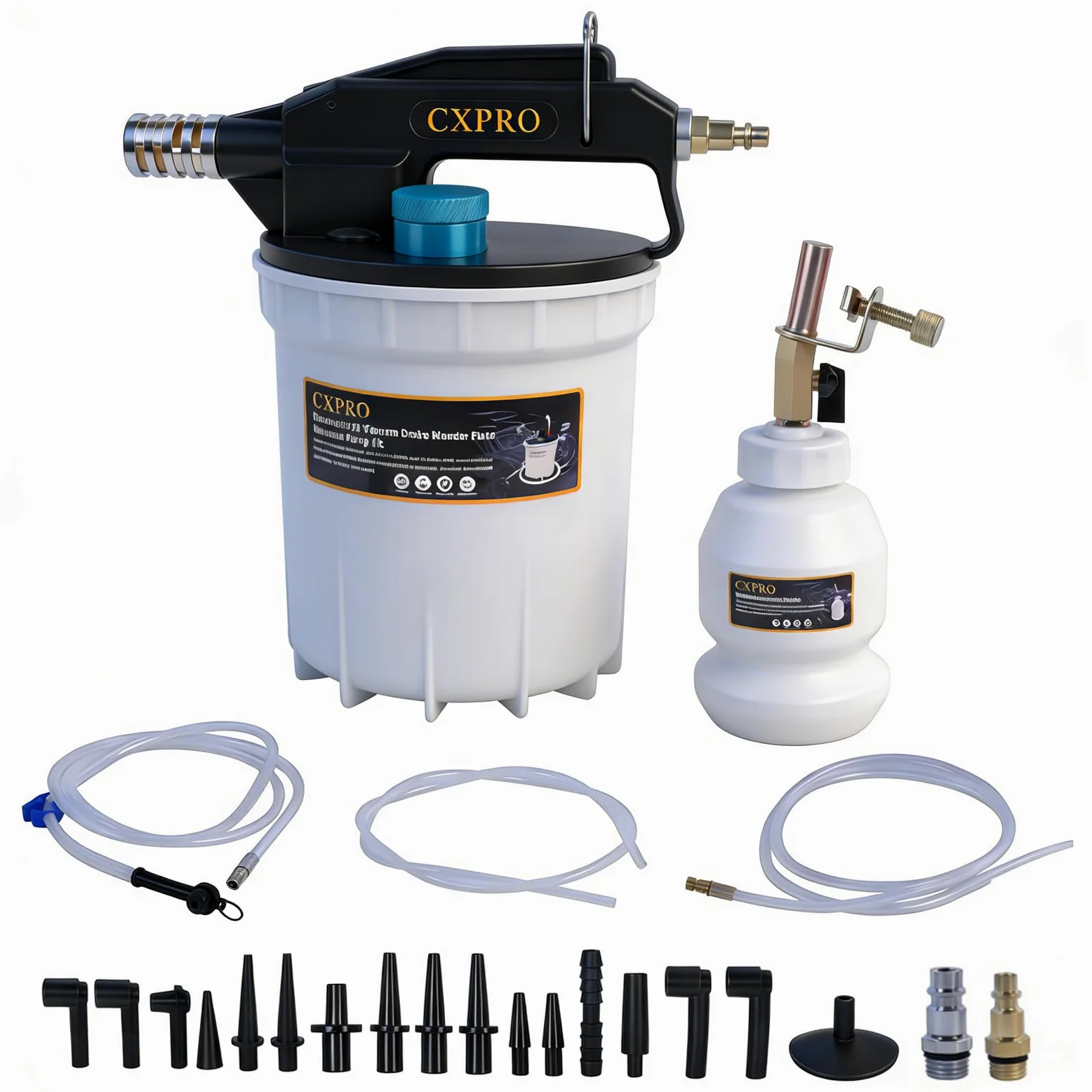 Kit de purga de frenos, kit de purga de frenos al vacío con extractor de líquido de frenos de 2 L y botella de recarga de 1 litro, kit de purga de embrague de presión con 19 adaptadores