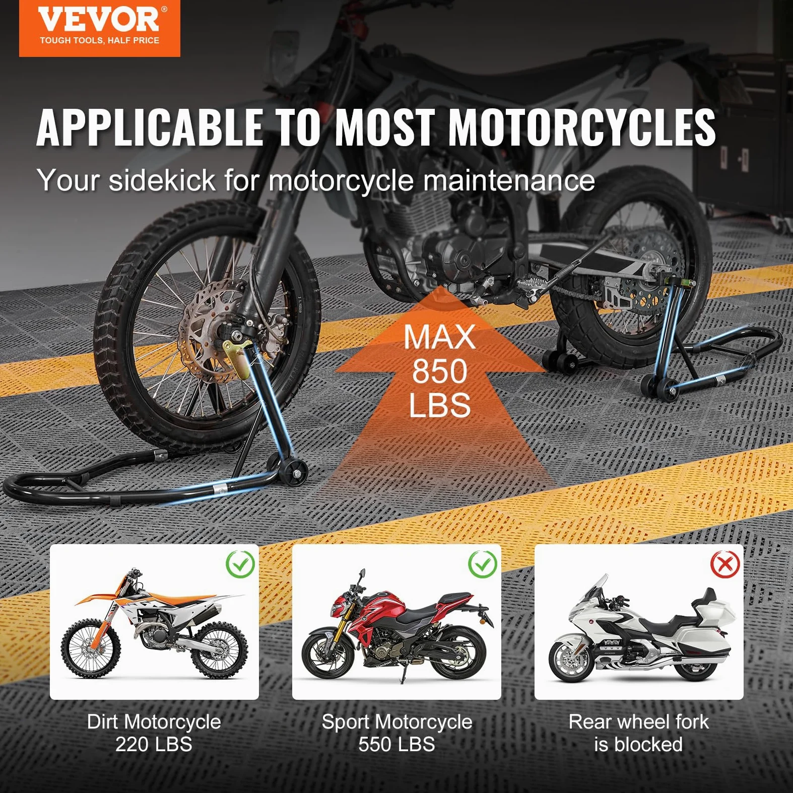VEVOR Soporte de Moto para Carga de Rueda Trasera 0,39T Soporte de Taller con Brazo Ajustable Soporte de Rueda de Acero Elevador de Moto Compatible con Diámetro de Rueda 350mm Reparación Mantenimiento
