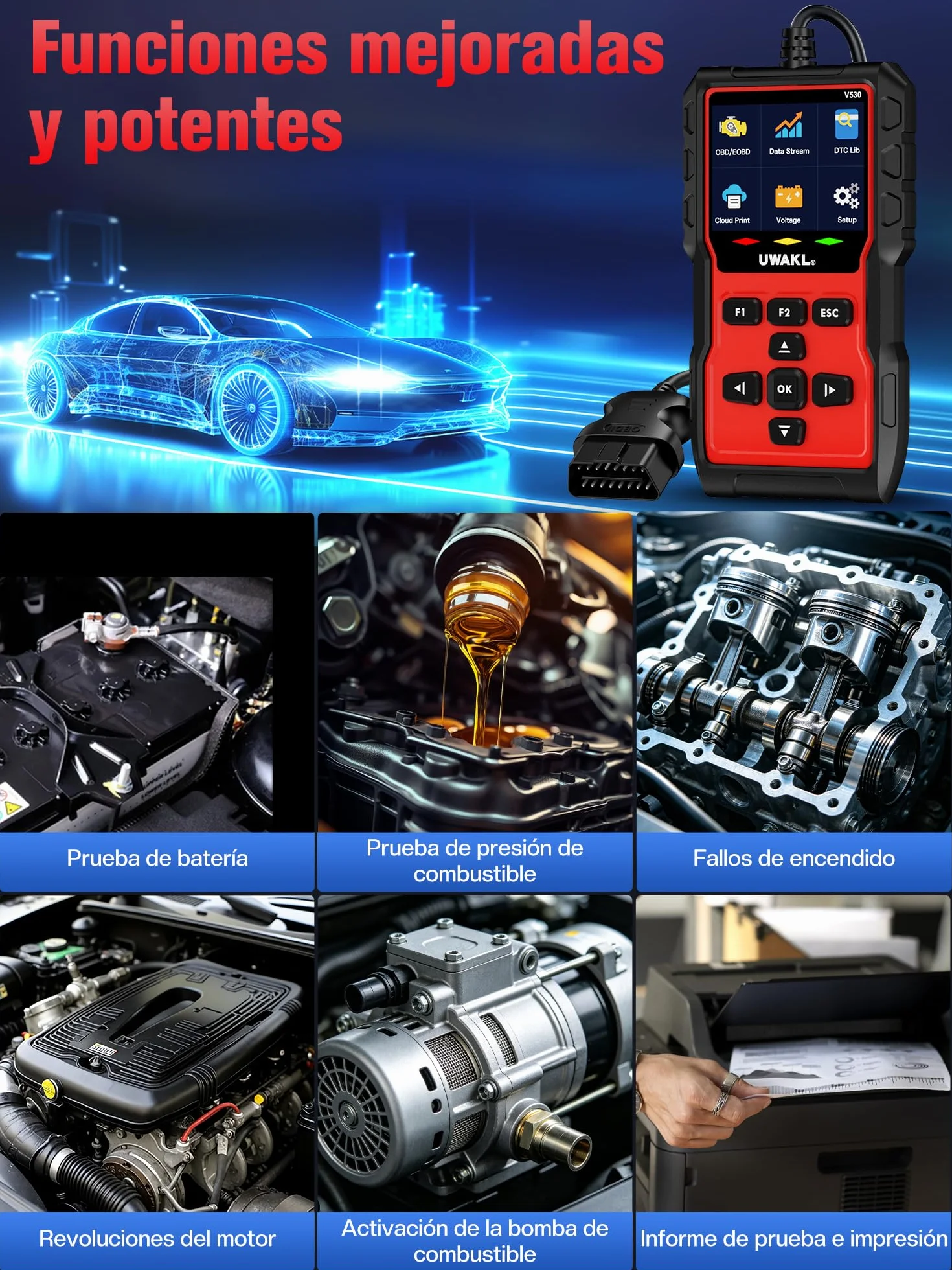 OBD2 Diagnosis Coche Scanner OBD: EOBD maquina Diagnóstico Coche en Español - Scanner OBD2 Multimarca Vehículos con Prueba de Batería - Lector Códigos Fallos Motor Autos Completas OBDII Funciones