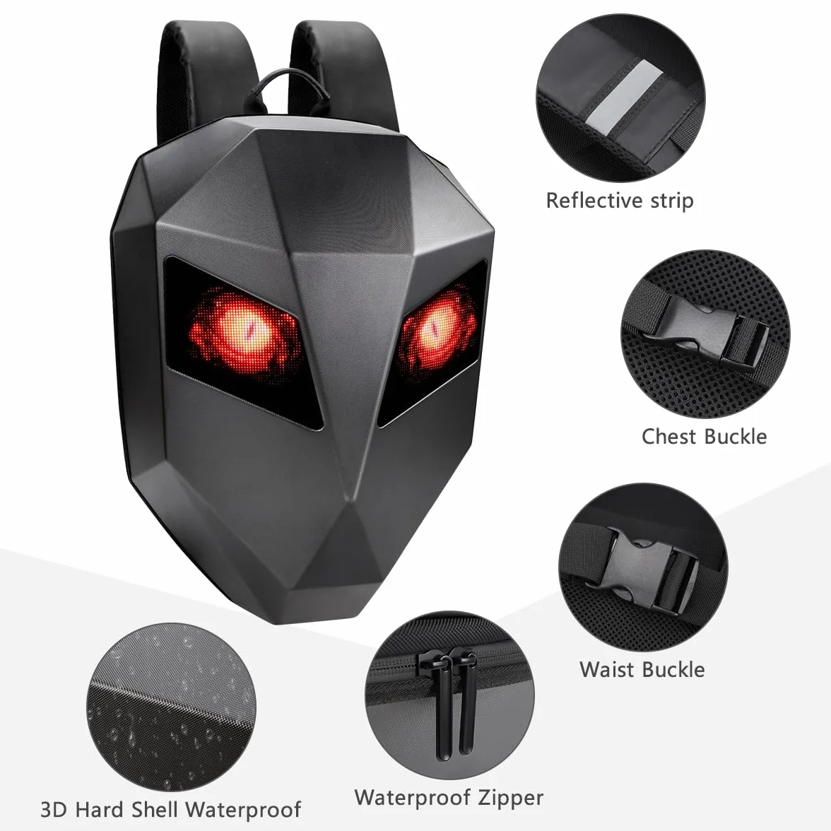 Mochilas dinámicas APP DIY Mochila para ordenador portátil, mochila de motocicleta con indicador de ojos LED, 3D Hard Shell Casco, bolsa de viaje programable dinámica pixel Daypack