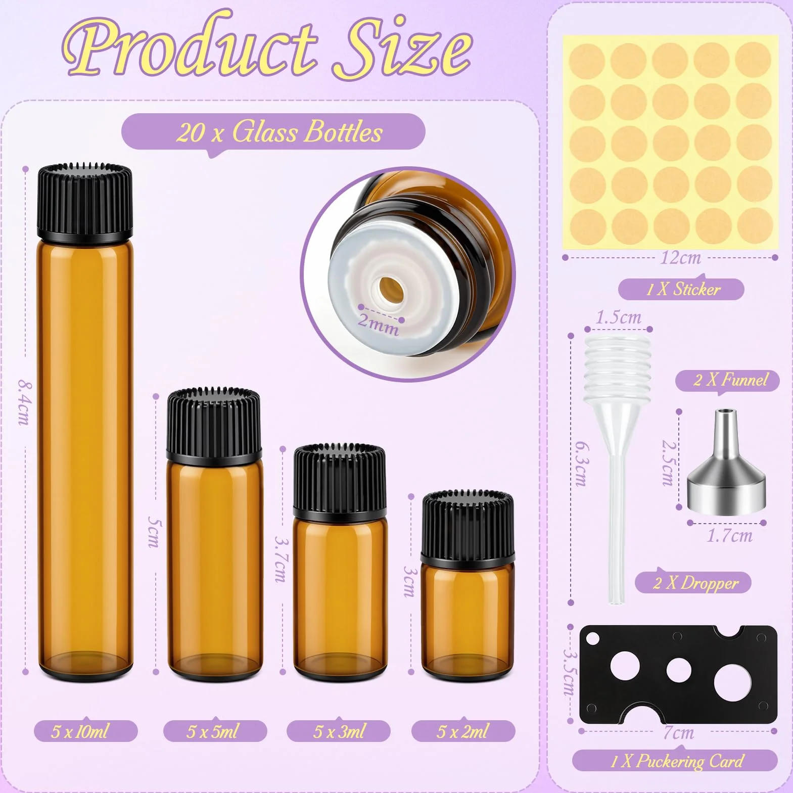 MELLIEX 20 Piezas Botellas de Cristal Marrón Mini Vacías con Tapa para Aceites Esenciales y Perfumes