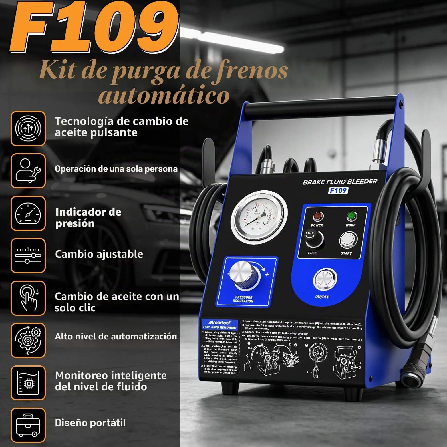 F109 Purgador de frenos de coche eléctrico con automático de un botón | Equipo cambiador de líquido de frenos por impulsos, 3 adaptadores de aluminio para depósito principal, regulable 0,5–2,5 Bar