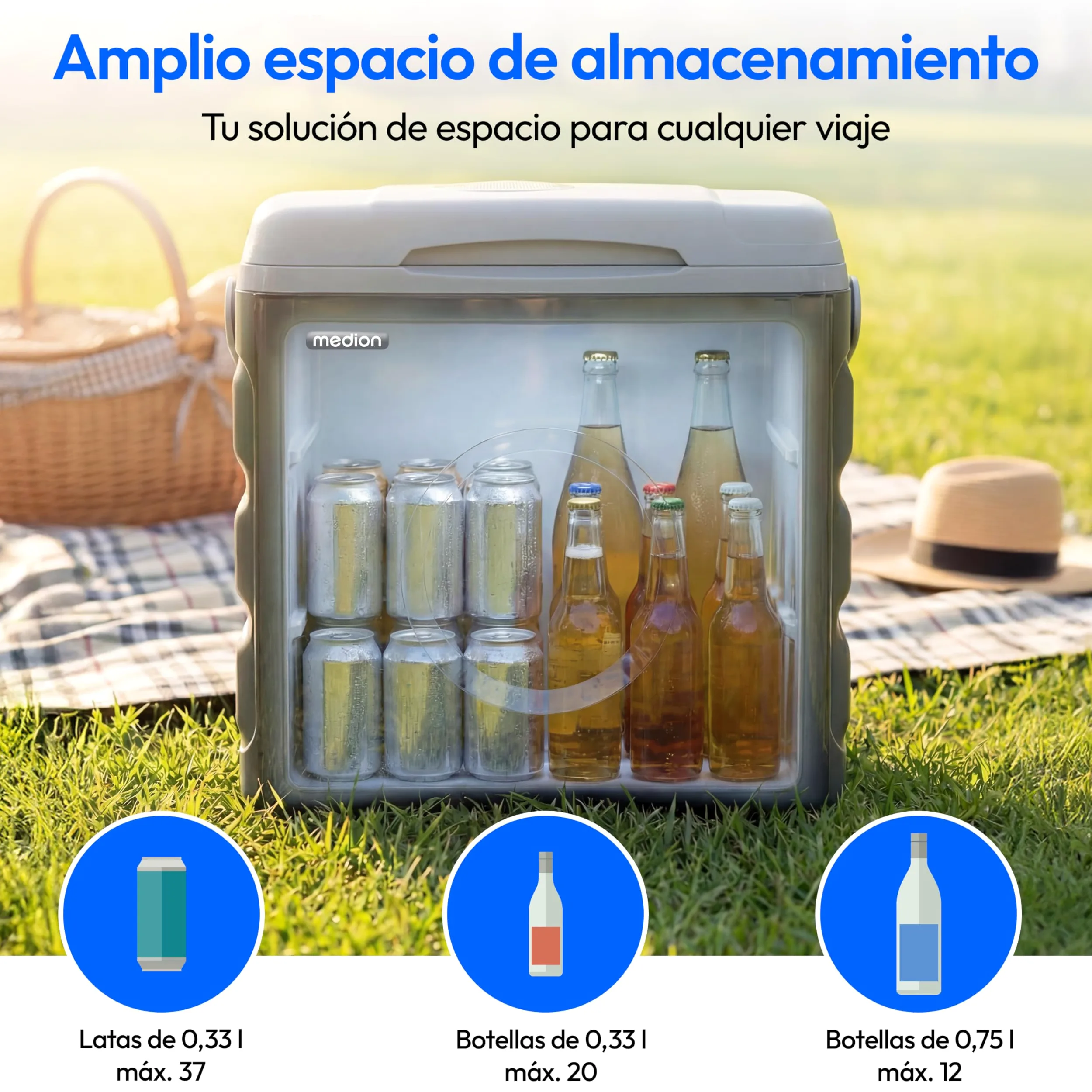 MEDION Nevera Portátil Termoeléctrica 35 L Capacidad Bruta Función Refrigeración y Calentamiento Alimentación 12V Toma de Coche 230V USB 5V para Coche Barco y Camping, MD370030 Gris Clase Energética E