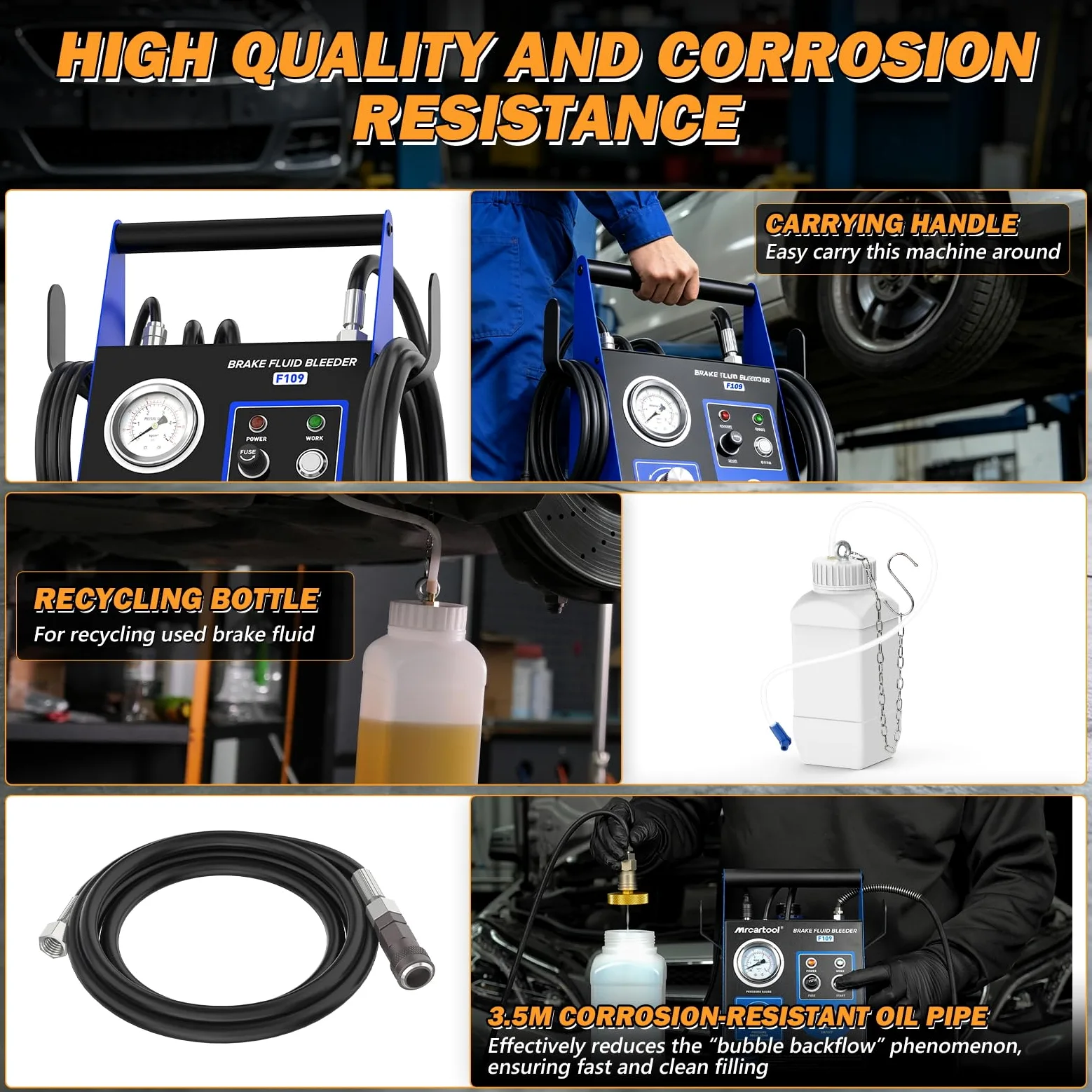 F109 Purgador de frenos de coche eléctrico con automático de un botón | Equipo cambiador de líquido de frenos por impulsos, 3 adaptadores de aluminio para depósito principal, regulable 0,5–2,5 Bar
