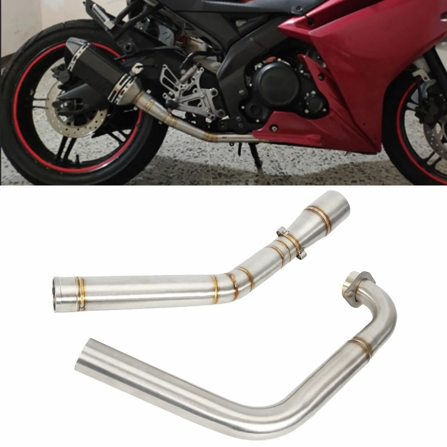 Tubo de enlace medio de escape, tubo de enlace medio de escape de modificación de motocicleta apto para YZF R15 MT-15 MT-125 2008-2017 para tubo yzf 125r125 + tubo descendente yzf r125