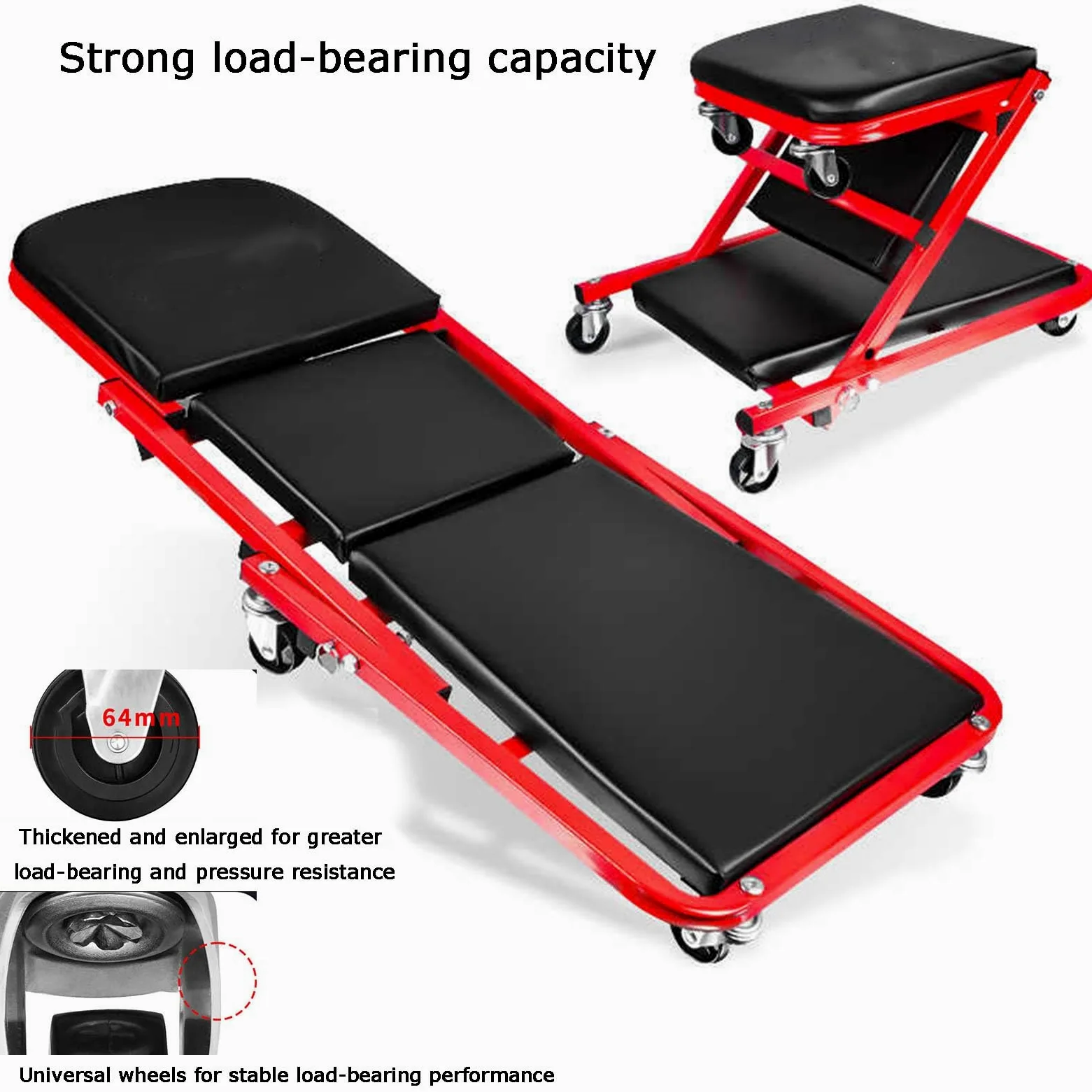 Genérico Camilla Mecánica, Capacidad De Carga De 136 Kg, Asiento Reclinable 2 En 1 con Ruedas, For Taller Mecánico
