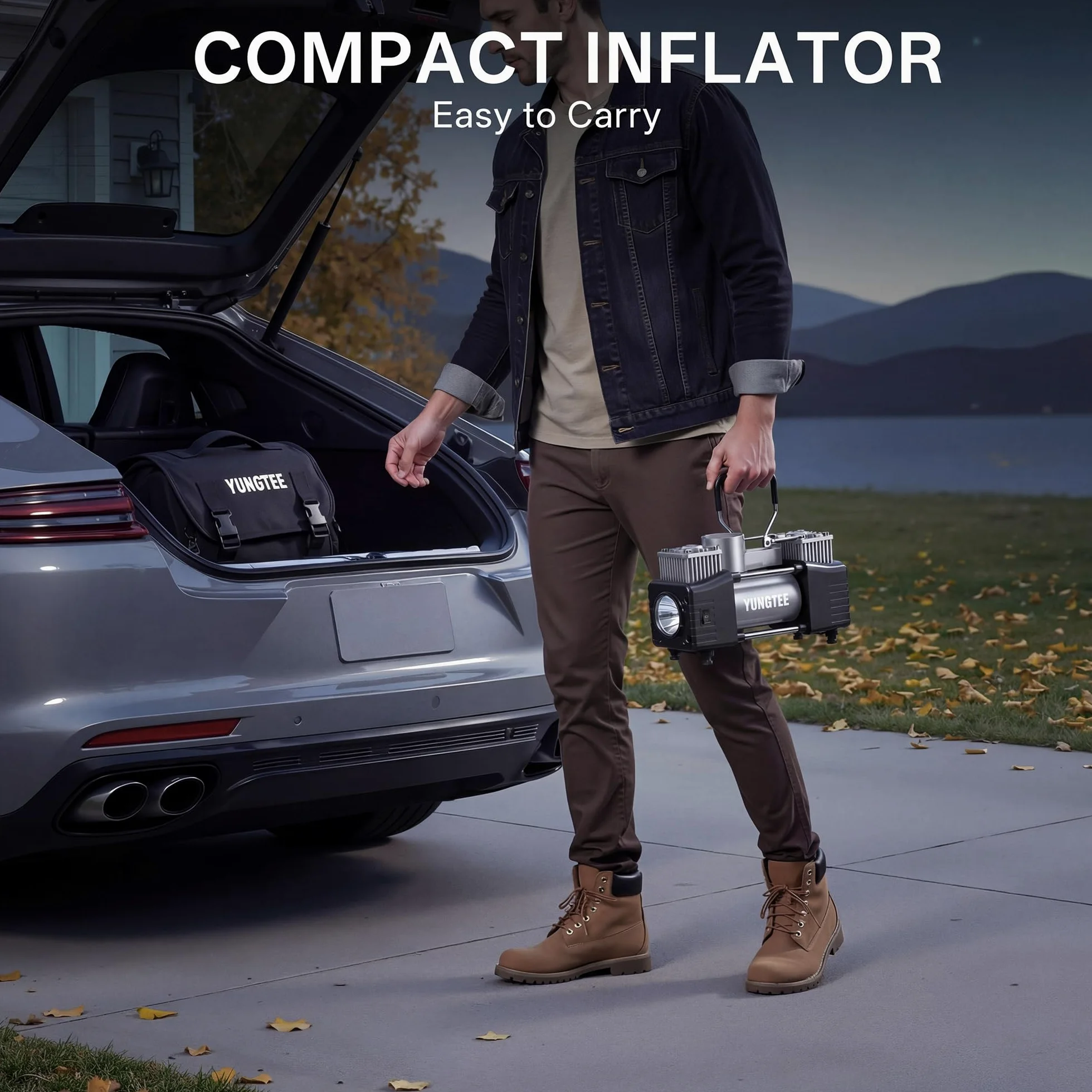 YUNGTEE Inflador de neumáticos portátil, compresor de aire de doble cilindro de 12 V 150 PSI | Luz de emergencia LED, manguera de extensión de 11 pies para coches, SUV, caravanas e inflables, color plateado
