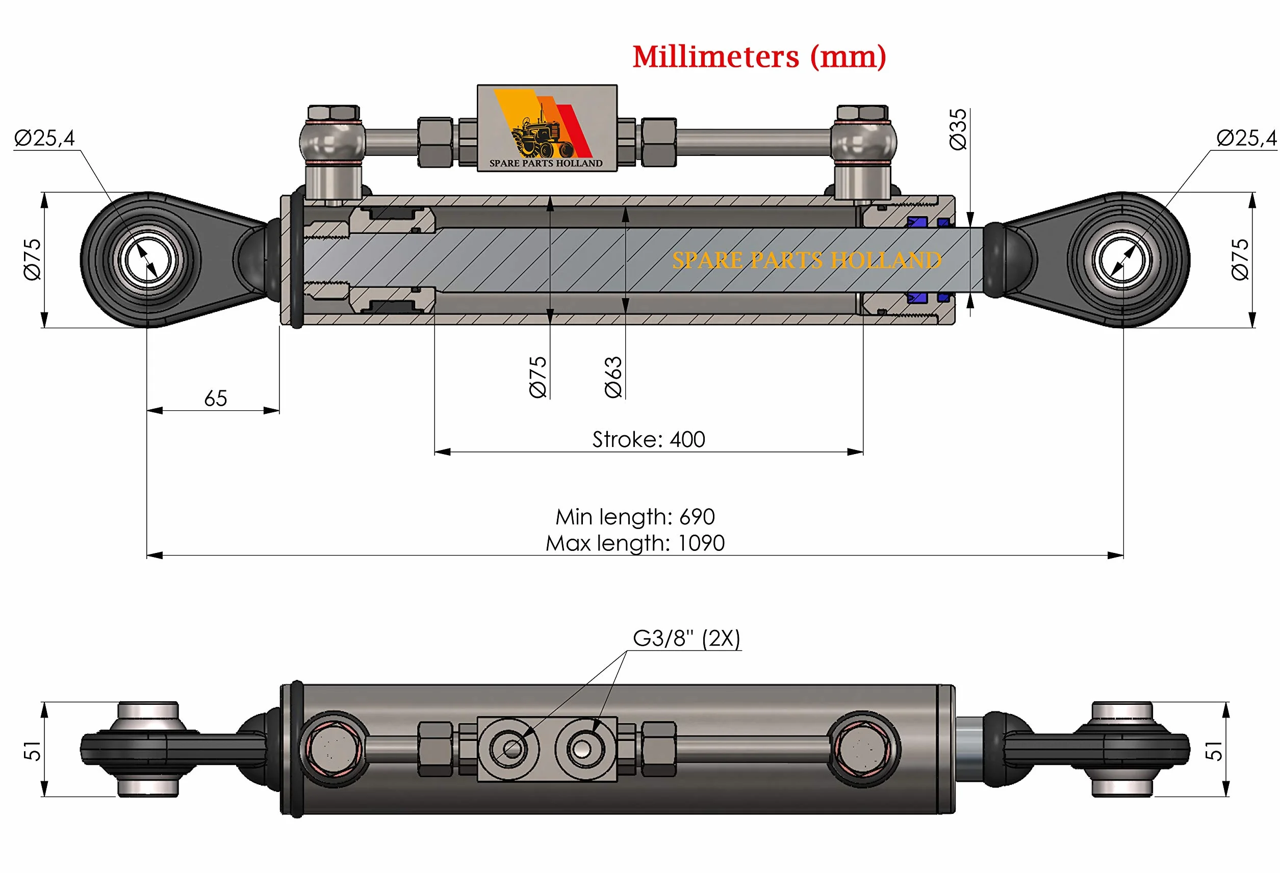 Tercer Punto Hidráulico Cat 2 (690 - 1090 mm) con Bloque de Bloqueo y 2 Mangueras