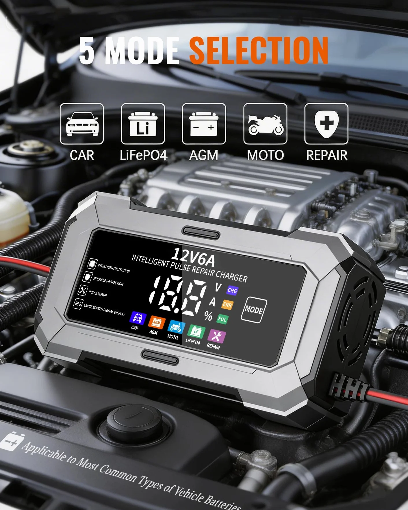 TANYO Cargador de Baterias de Coche, 12V Inteligente Cargador de Baterias Coche y Moto con Función de Reparación Automática y Pantalla LCD, 6A Cargador de Bateria para Auto, Moto, Camión, AGM, Gel